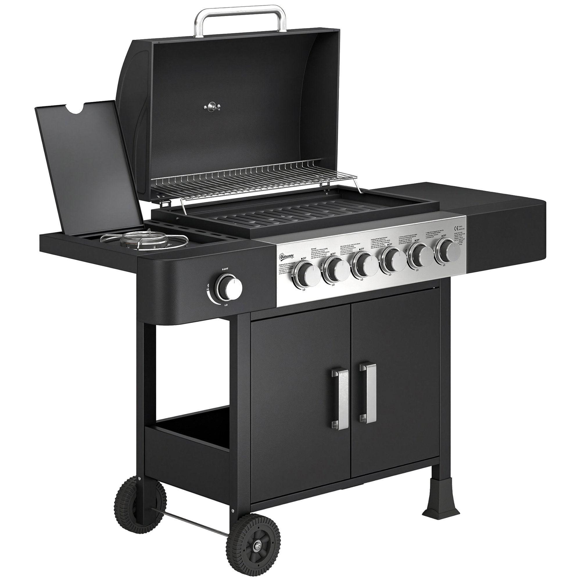 Outsunny Gasgrill 17,8 KW 6+1 Brenner BBQ Grillwagen aus Edelstahl inkl Rolle Seitenbrenner Thermometer Emaille-Grillrost Warmhalterost Seitentisch Unterschrank, Gas-Grill für Balkon BBQ Party Aosom