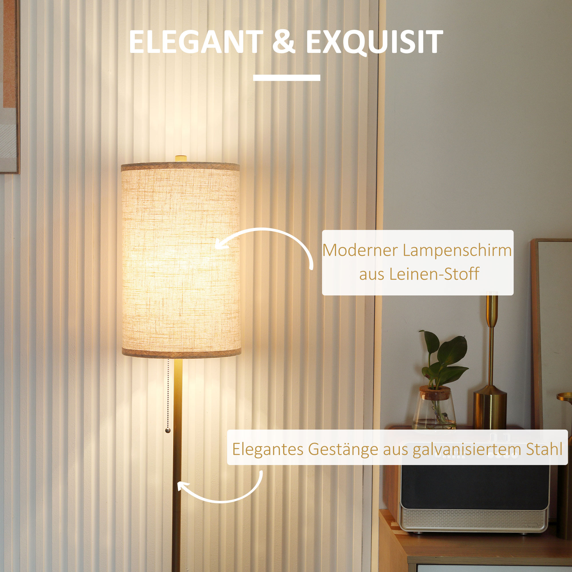 Põrandalamp, elegantne terasest põrandalamp kangast varjuga, elutoa lamp, ketiga lüliti, kuldne+valge