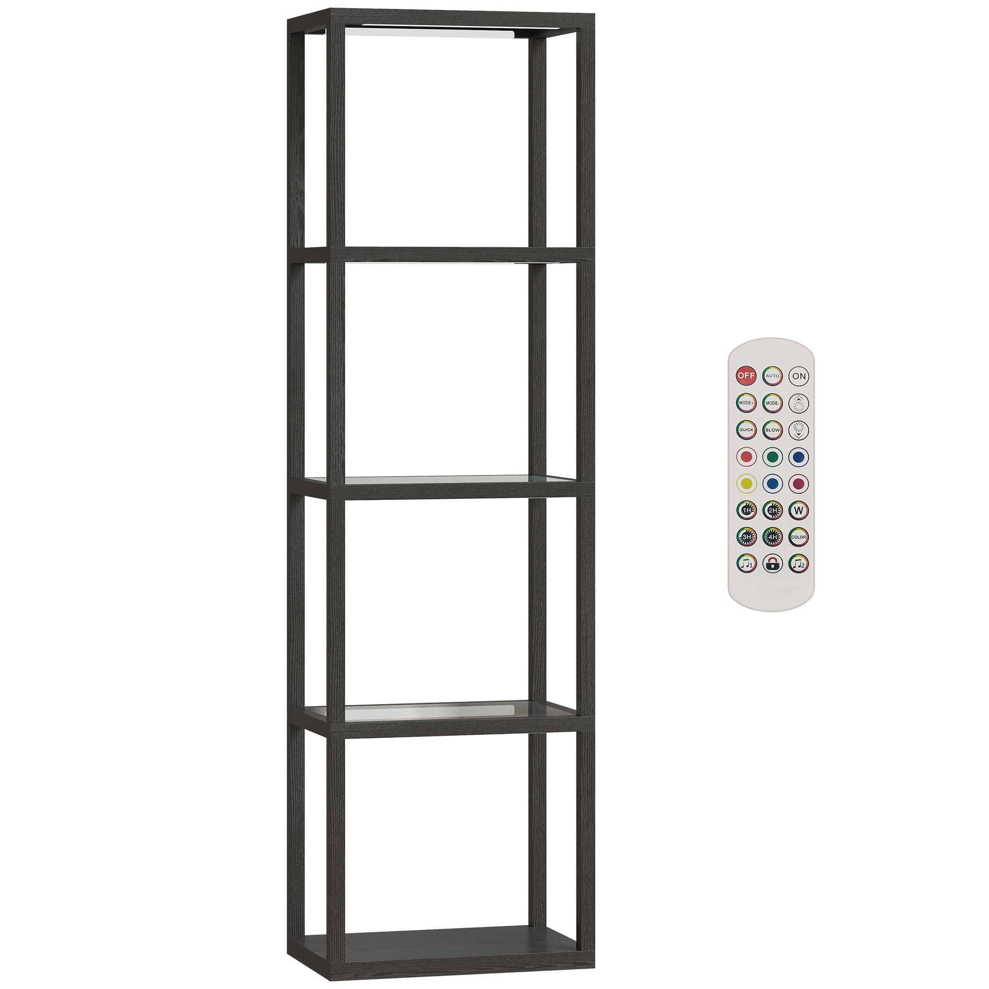 HOMCOM LED Stehlampe Wohnzimmer Dimmbar mit Glasregalen, 4 Ebenen Stehleuchte mit Fernbedienung und Musik-Synchronisation, Timer, Standleuchte für Schlafzimmer Schwarz Aosom