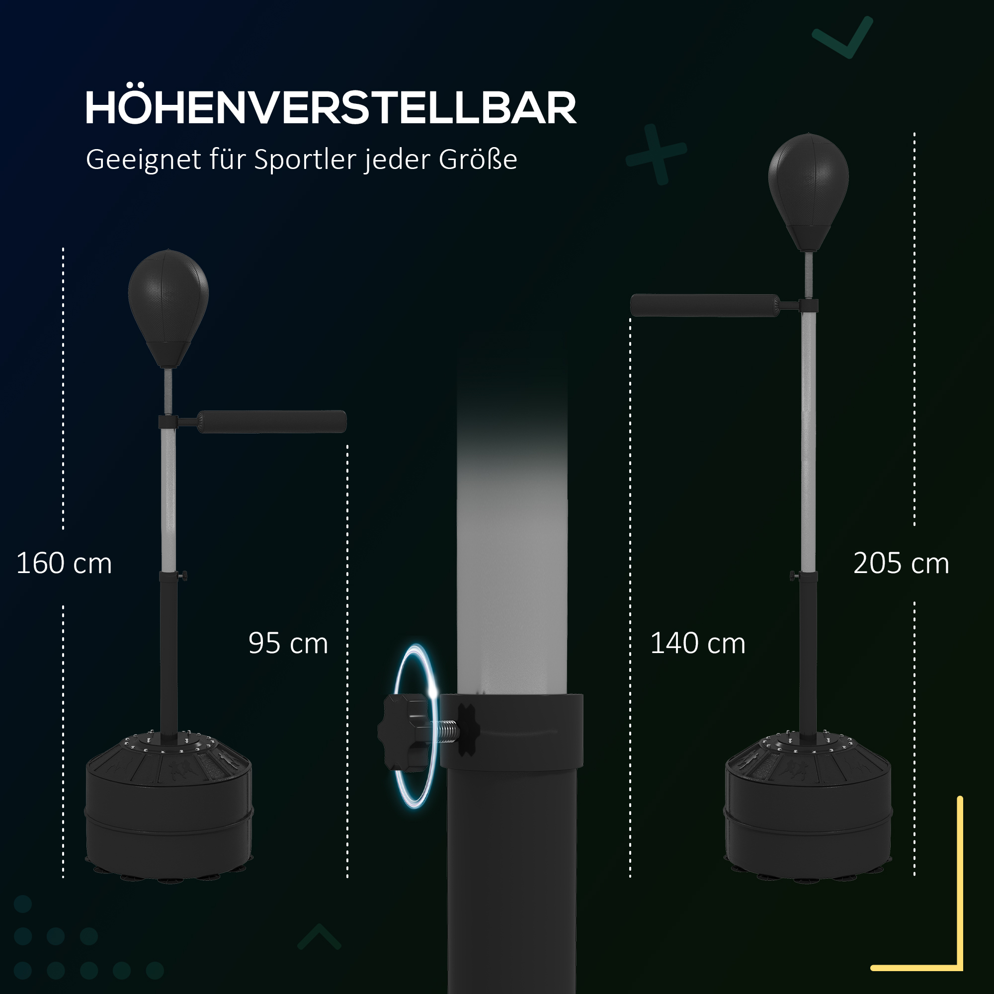Poksipall refleksvardaga, kõrgus reguleeritav 160-205 cm, täidetav alus, õhupumbaga, must