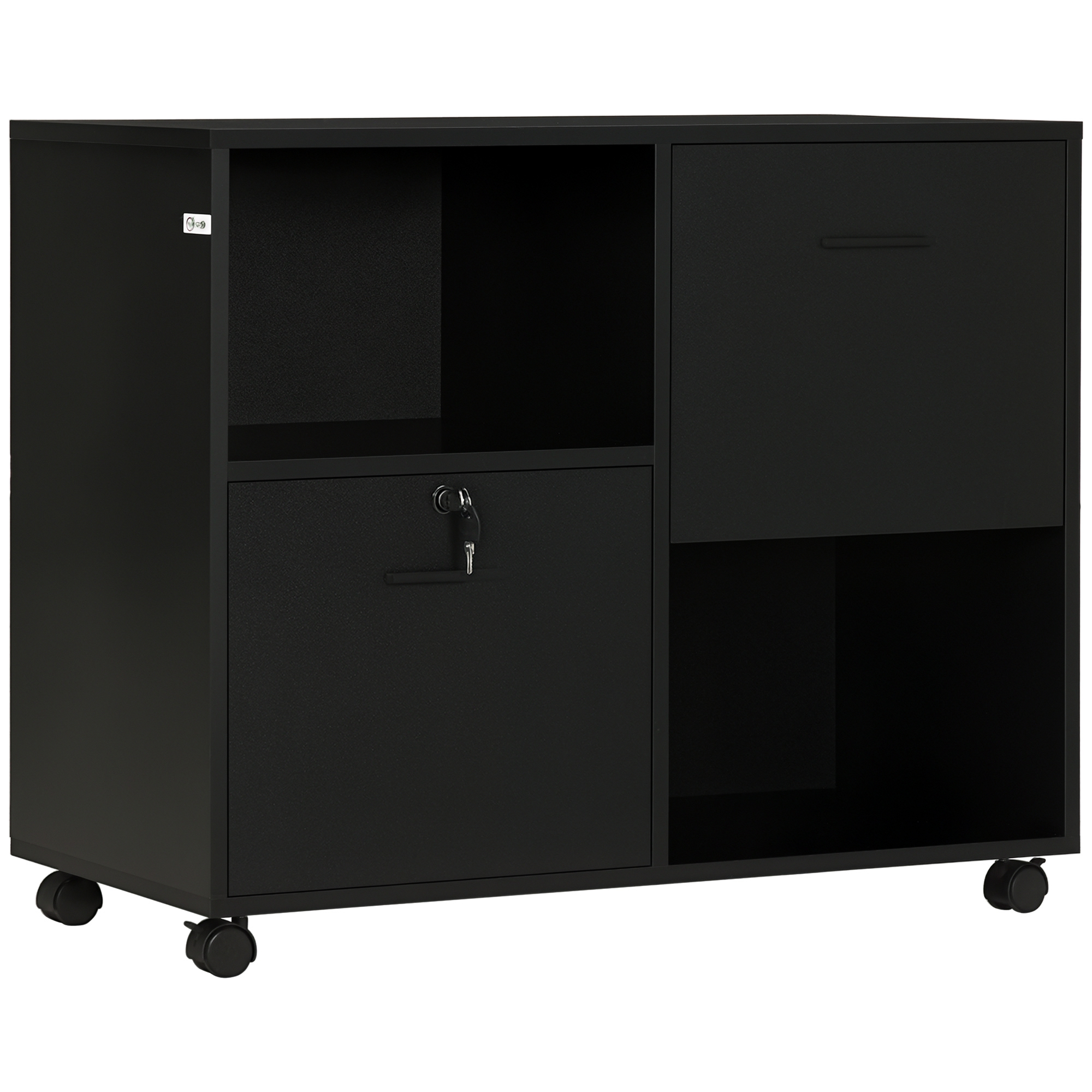 Vinsetto Dulap Mobil de Birou cu 2 Sertare pentru Dosare Rafturi Deschise PAL Manere Oțel Roti Blocare 80x40x66cm Negru | Aosom Romania