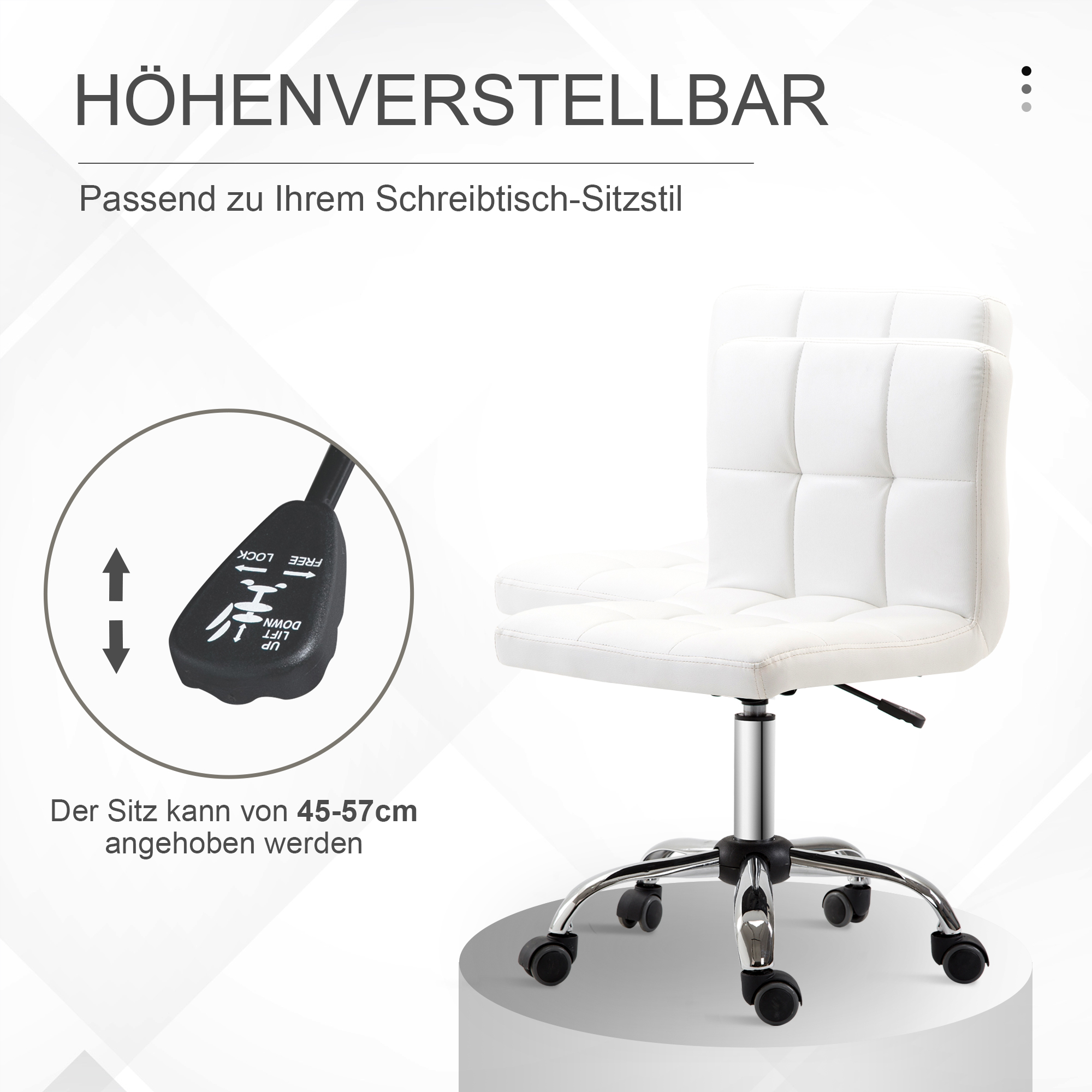 Kontoritool, pöördtool, kunstnahk, terasraam, 5 ratast, polsterdatud, valge