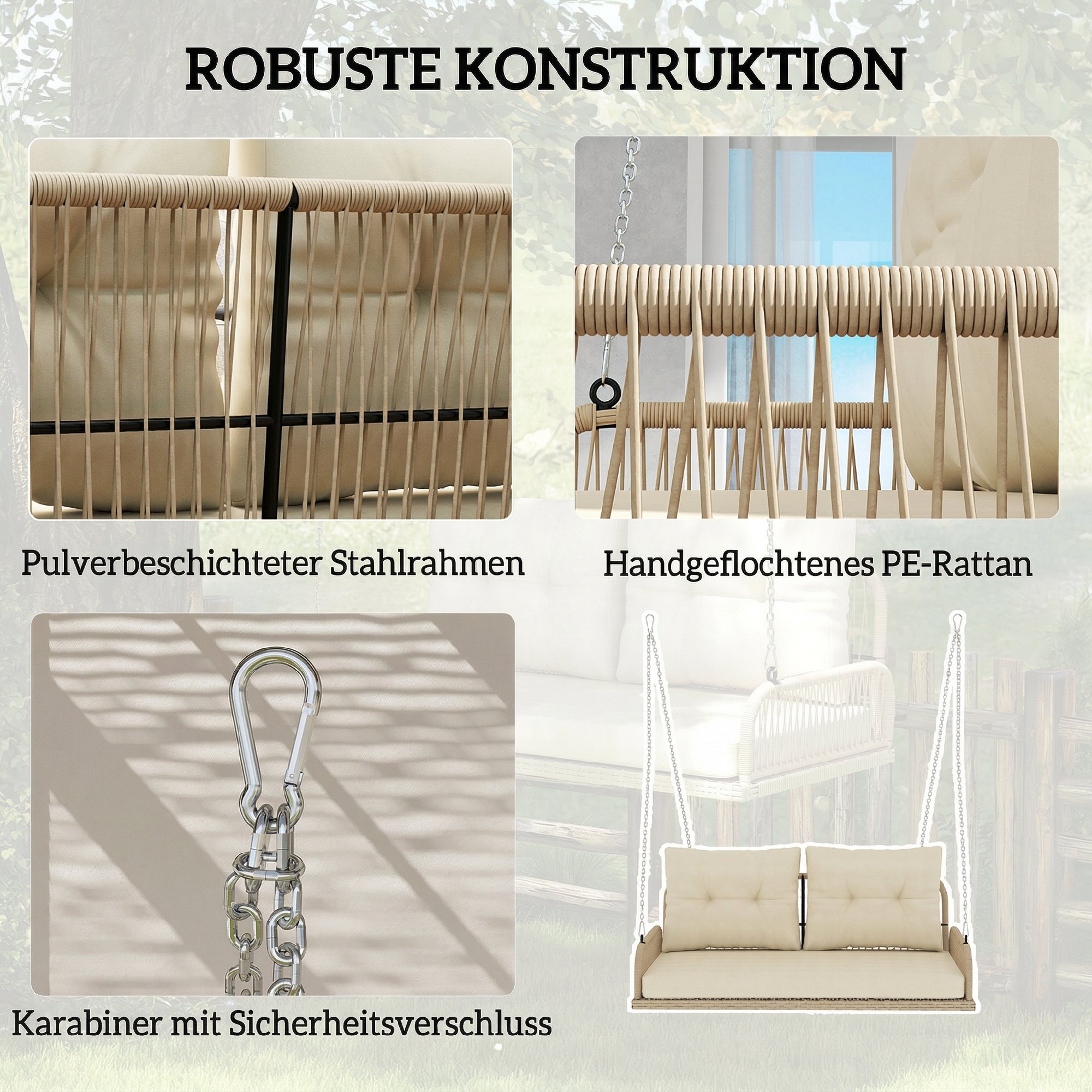 Hollywoodi kiik, kahekohaline, rotangist aiakiik patjade ja kettidega, kuni 240 kg, 115 x 66 x 44 cm, beež