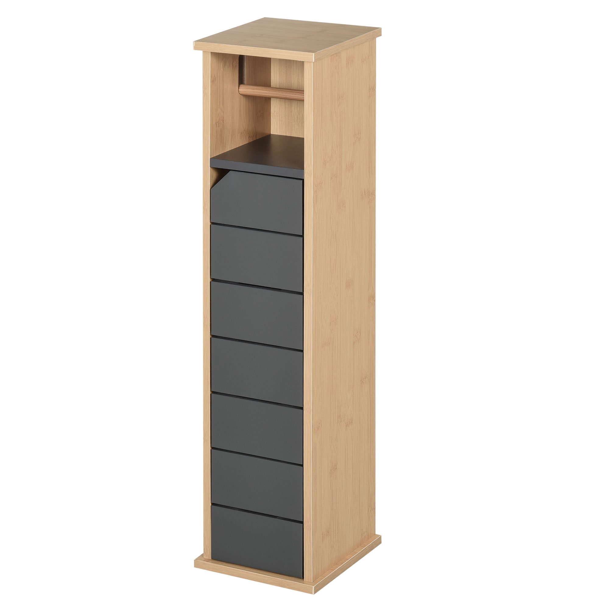 HOMCOM Badezimmerschrank mit höhenverstellbarem Regal Badmöbel mit Tür Toilettenpapier Handtuchhalter versteckter Griff MDF Bambus Braun+Grau   Aosom