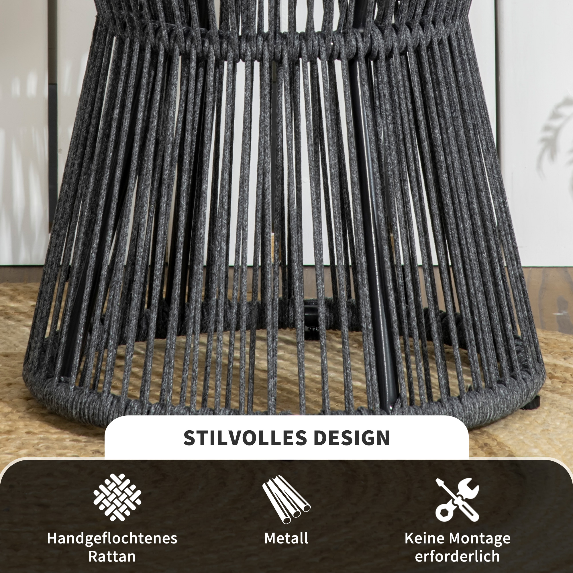 Boho stiilis aialaud, ilmastikukindel, PE-rotang, 39 cm x 39 cm x 49 cm, must + naturaalne