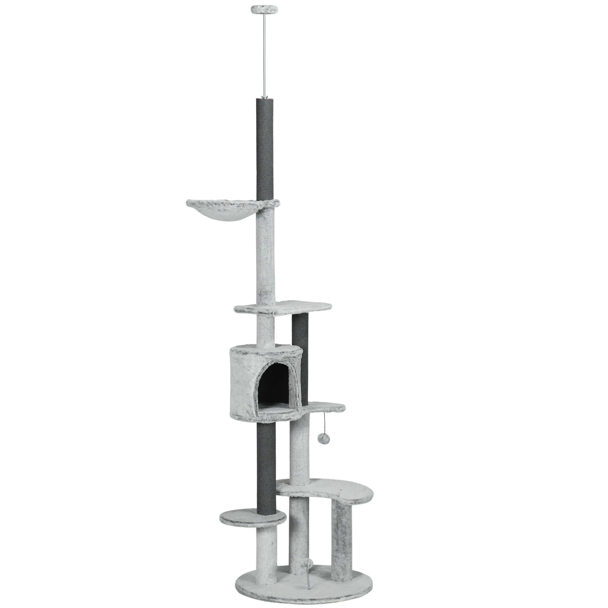 PawHut Deckenhoher Kratzbaum höhenverstellbar 225-255 cm mit Kippschutz Katzenhöhle Kratzstämme Spielball Grau   Aosom.de