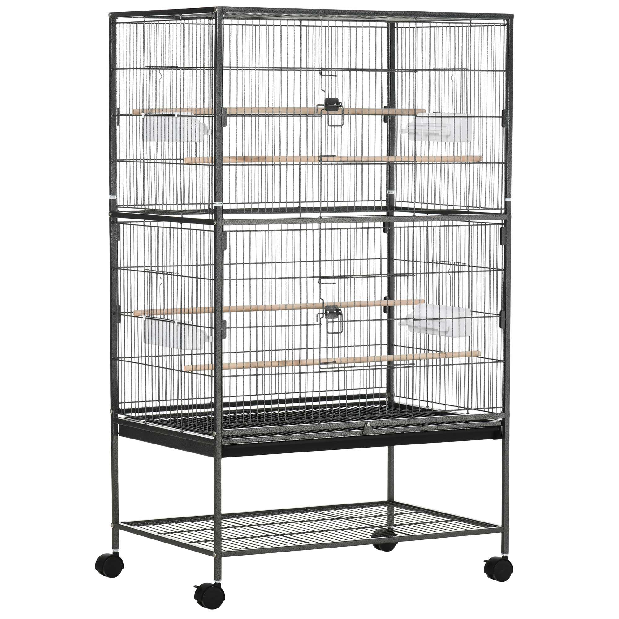 PawHut Gaiola para Pássaros com Rodas Bandeja Amovível 4 Portas 4 Comedouros e Prateleira de Armazenamento 78x52x132cm Cinza