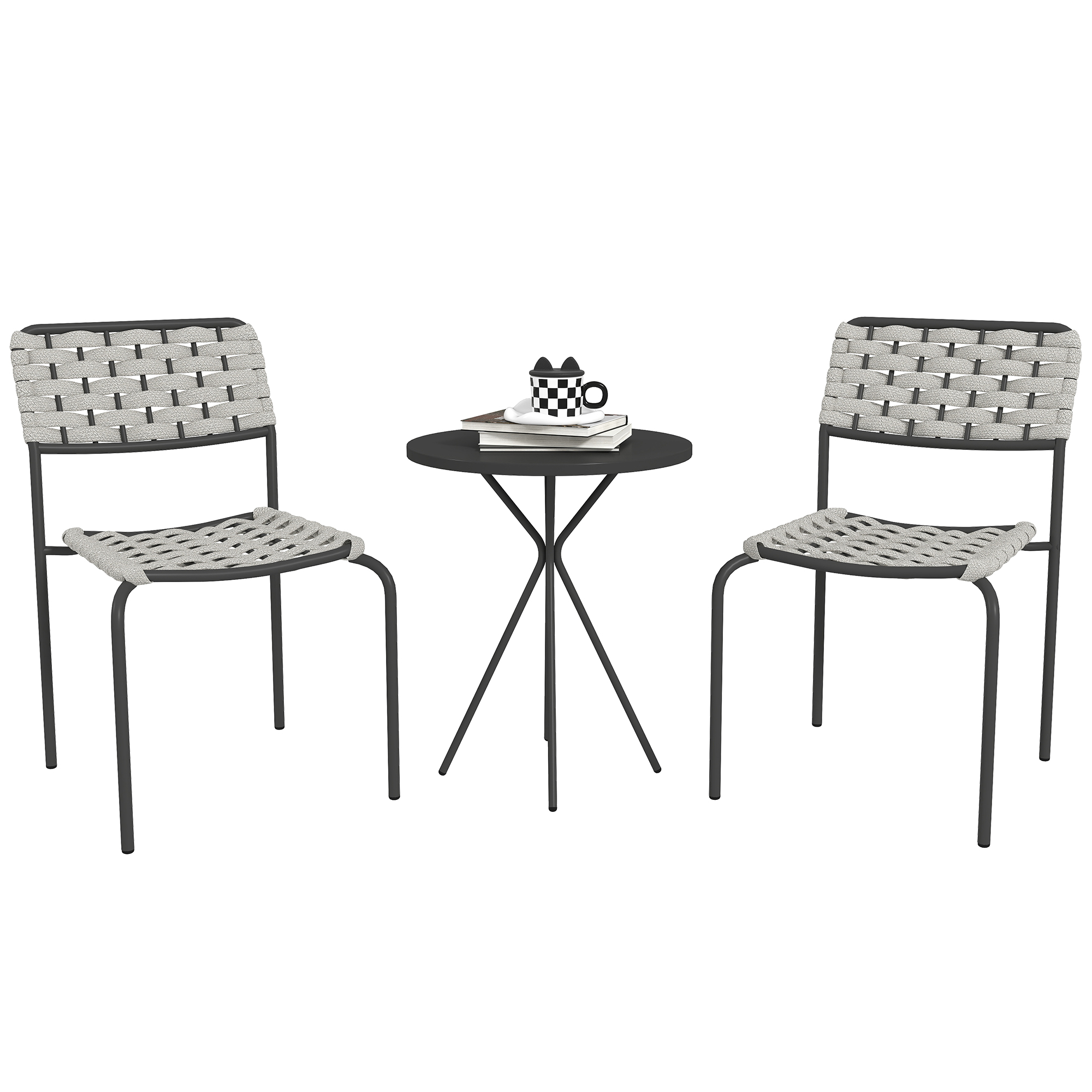 Outsunny Polyrattan Gartenmöbel Set, Outdoor Lounge Balkonmöbel für 2 Personen, 3-teilig Sitzgruppe mit 2 Stapelbare Stühle, Tisch, wetterfest Gartenlounge für Garten, Terrasse Balkon, Grau   Aosom
