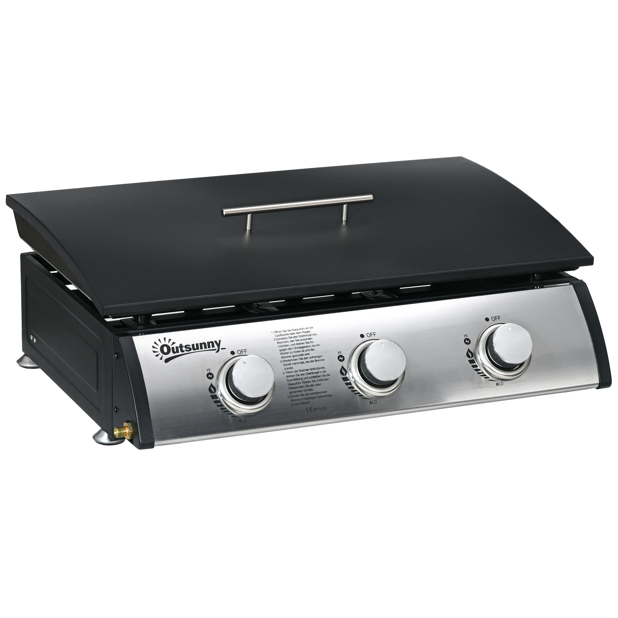 Outsunny Gasgrill, Tischgrill BBQ mit 3 Brennern, Tischgasgrill mit Schlauch, Deckel, Campinggrill für Garten, Edelstahl, Metall, Schwarz, 63 x 47 x 25 cm   Aosom