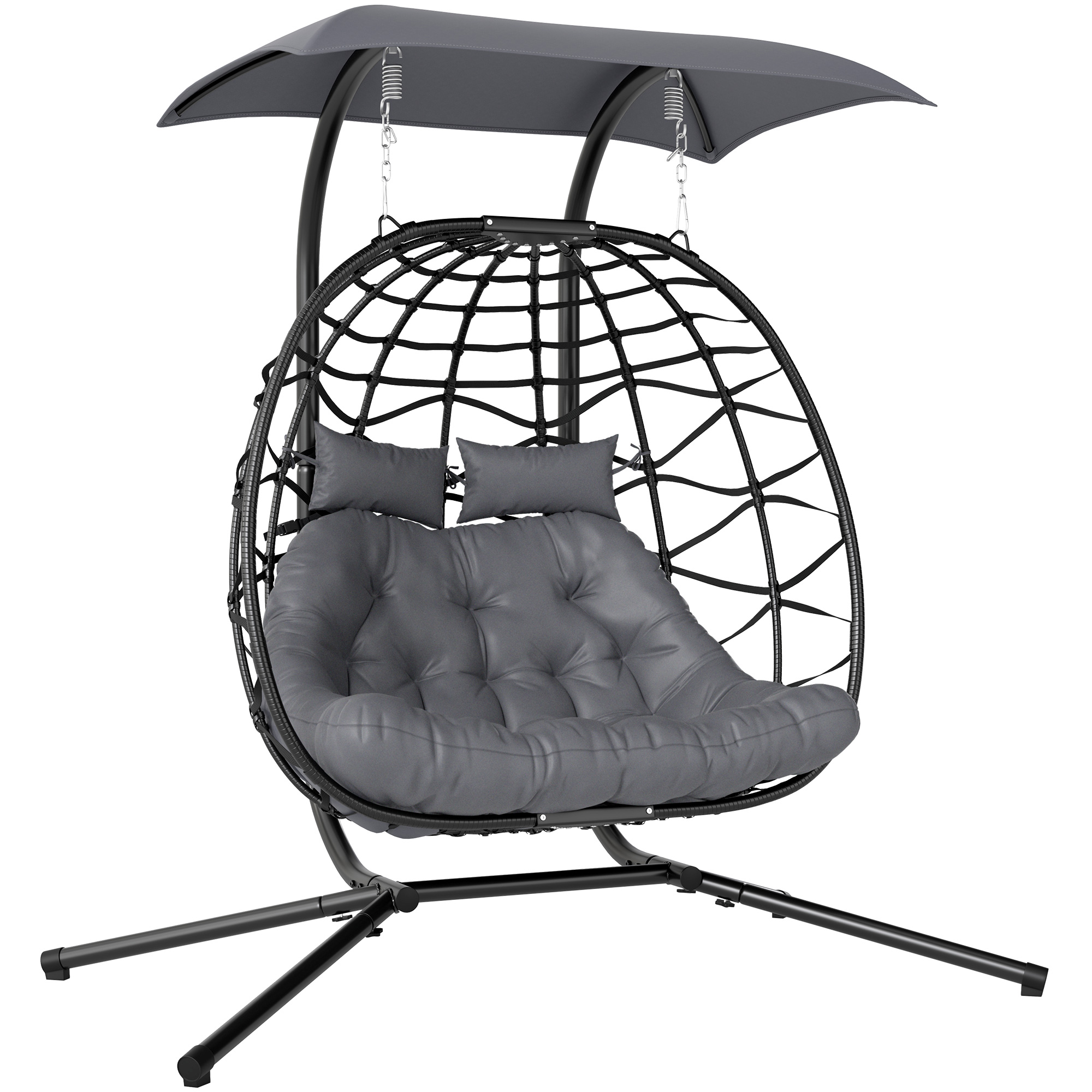 Outsunny Hängesessel mit Gestell faltbar Hängekorb mit Kissen Sonnenschutzdach Polyrattan Hängestuhl für 2 Personen Outdoor Hängeschaukel belastbar bis 260kg Sessel für Balkon Terrasse Dunkelgrau   Aosom