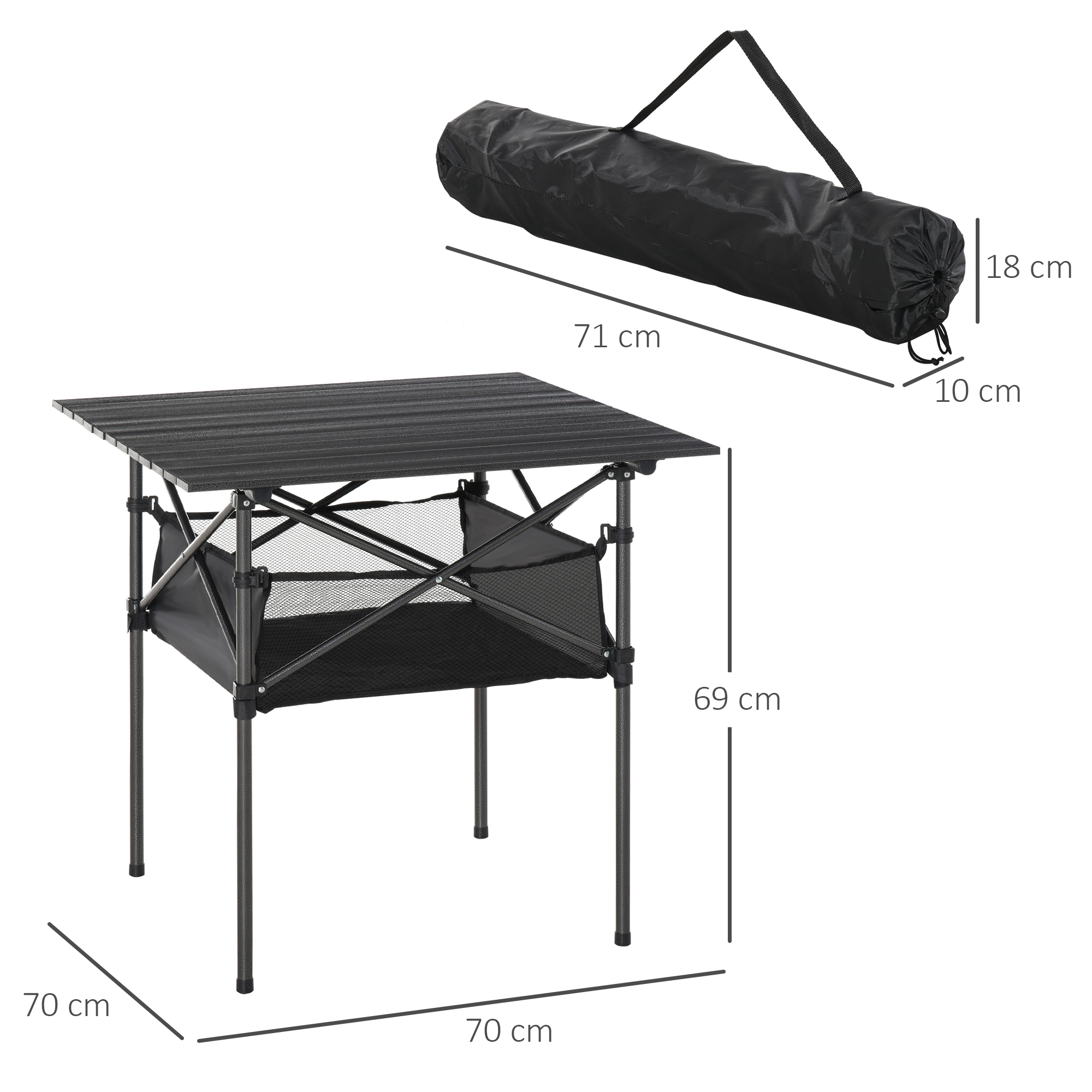 Alumiiniumist kokkupandav matkalaud võrgust kotiga, kaasaskantav piknikulaud telkimiseks, aeda, peole, piknikule, rõdule, must, 70 x 70 x 69 cm