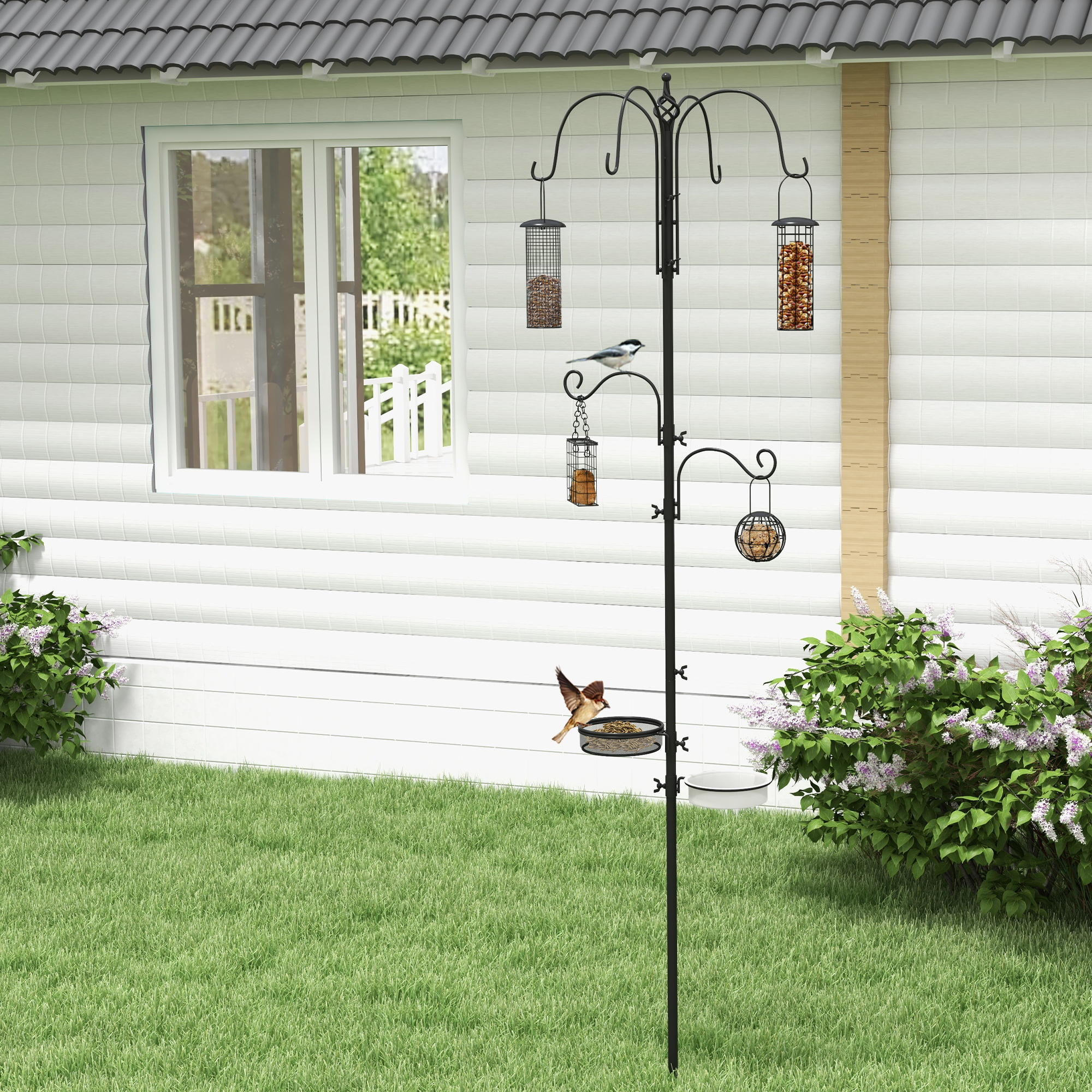PawHut Vogel Futterstation 226 cm Vogelfutterstation mit 6 Haken, 4 hängenden Futterspendern Erdspieß, Freistehend Vogelfutterspender für Garten Wildvögel Stahl Schwarz   Aosom