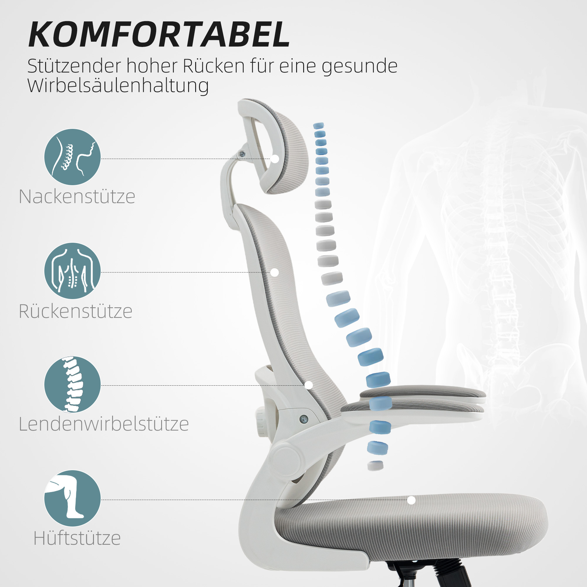 Ergonoomiline kontoritool võrgust seljatoega, kõrguse reguleerimise võimalusega, kokkuklapitavad käetoed, 5 ratast, kiikfunktsioon, hall