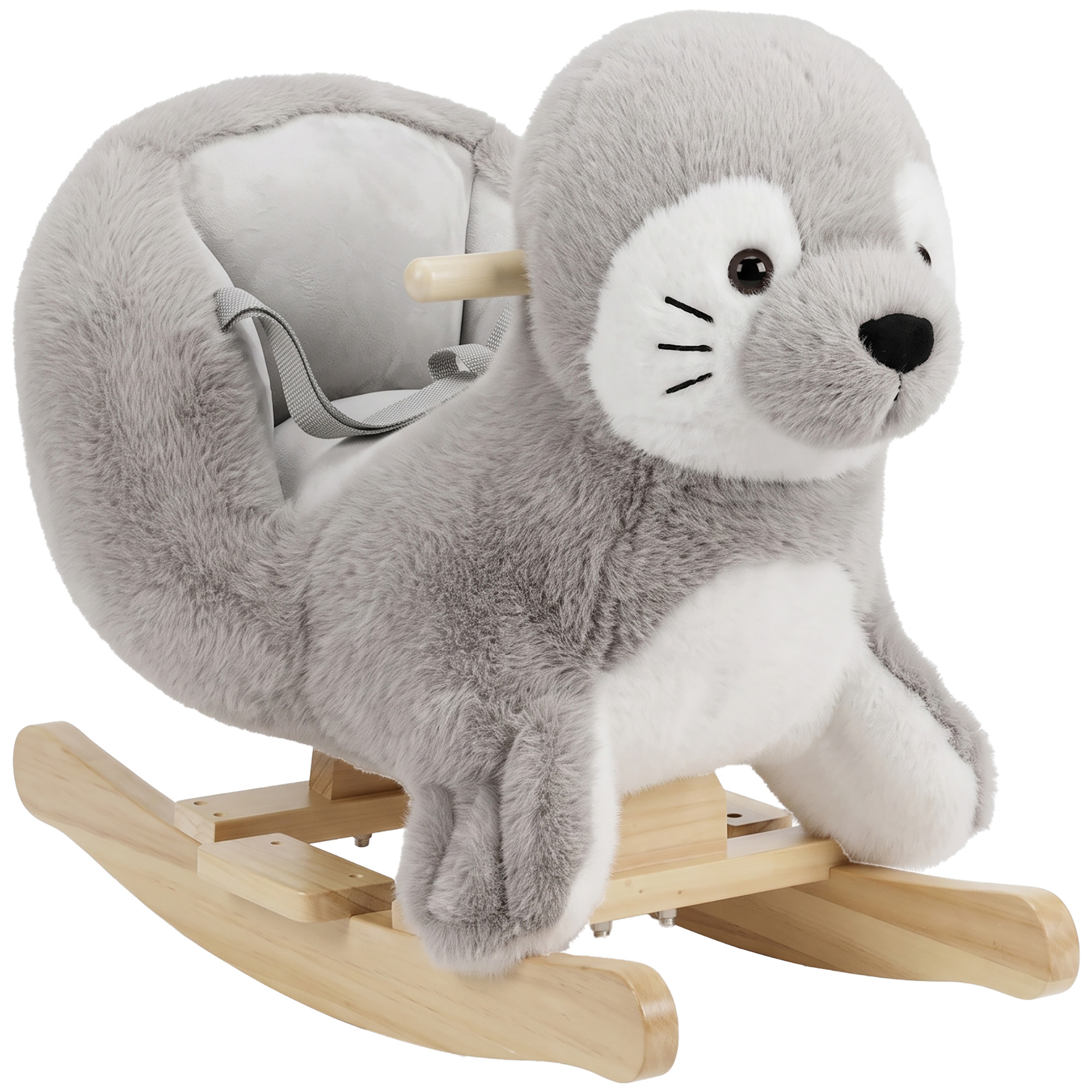 AIYAPLAY Schaukeltier im Robbe-Design Plüsch 52 cm mit Musik, Sicherheitsgurt und Stoppern, Baby Schaukelspielzeug Schaukel Schaukelsitz für Kinder 1–3 Jahre, Grau   Aosom