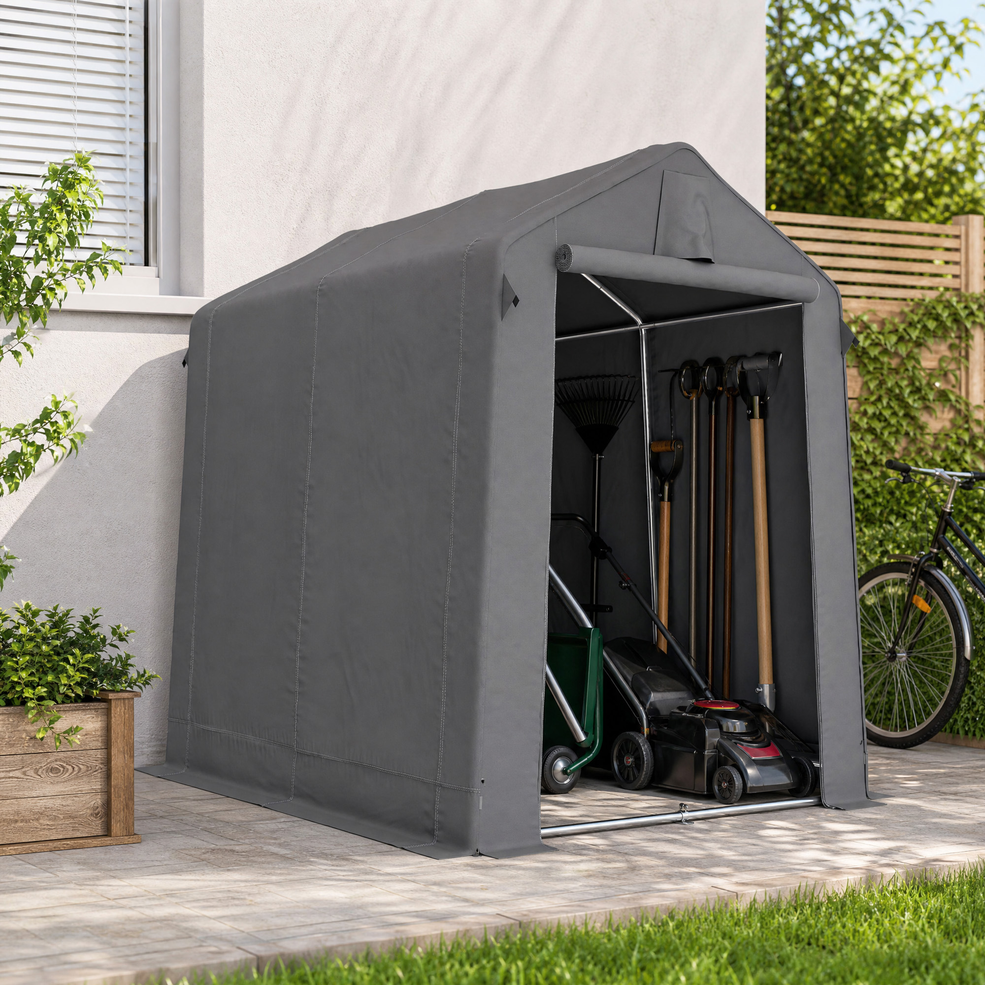 Garaažitelk 2,3 x 1,9 m, vetthülgav varustustelk rullkangiga, lukuga uks, ventilatsioon, viilkatus, tumehall
