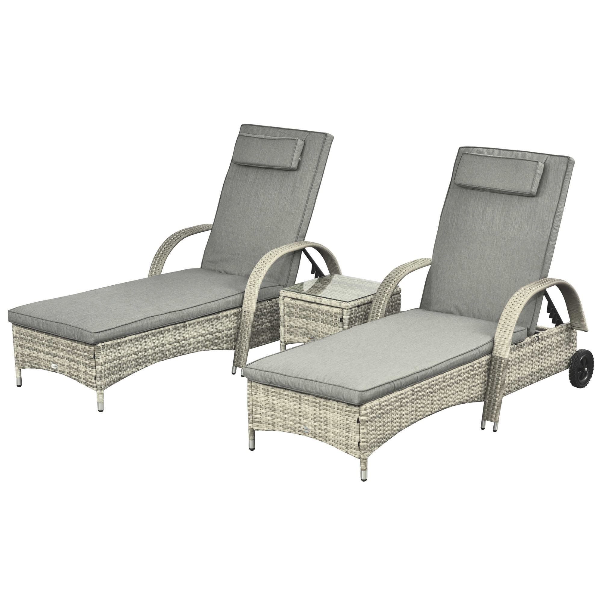Outsunny Sonnenliege mit Tisch 3er-Set Gartenmöbel Polyrattan Metall Gartenliege Grau für Terrasse & Balkon   Aosom.de