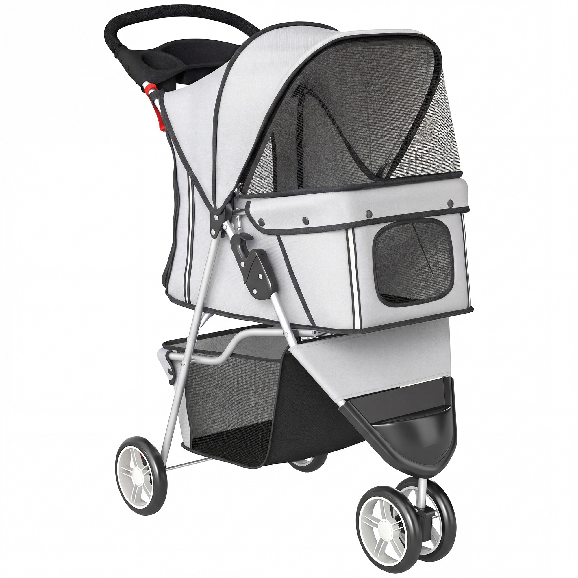 PawHut Hundewagen Hundebuggy Faltbar Katzenwagen bis 10kg mit verstellbarem Verdeck, Aufbewahrungskorb, Getränkehalter, atmungsaktivem Mesh, Haustierbuggy für kleine Hunde, Grau Aosom