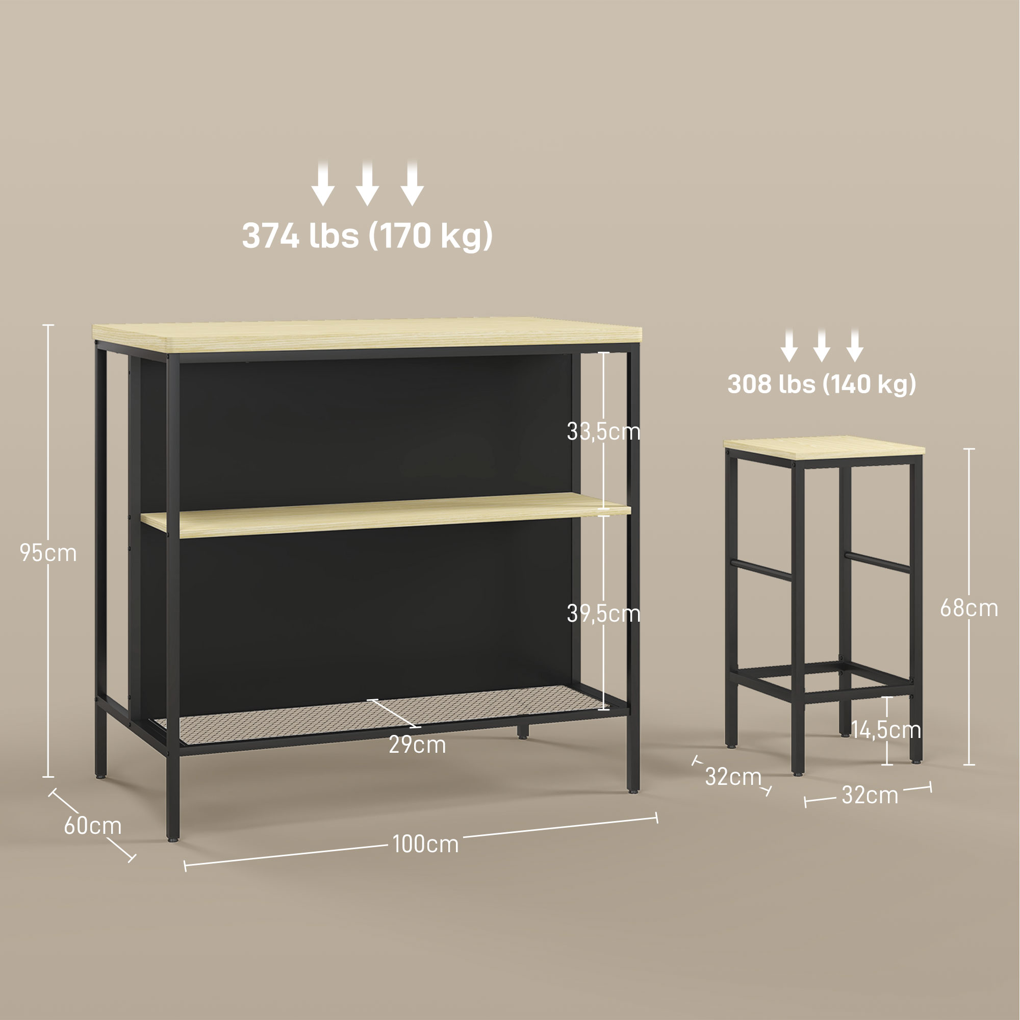 Baarikomplekt, 2 baaritooli ja 1 baarilaud, plekikindel, stabiilne, terasraam, must/tamm