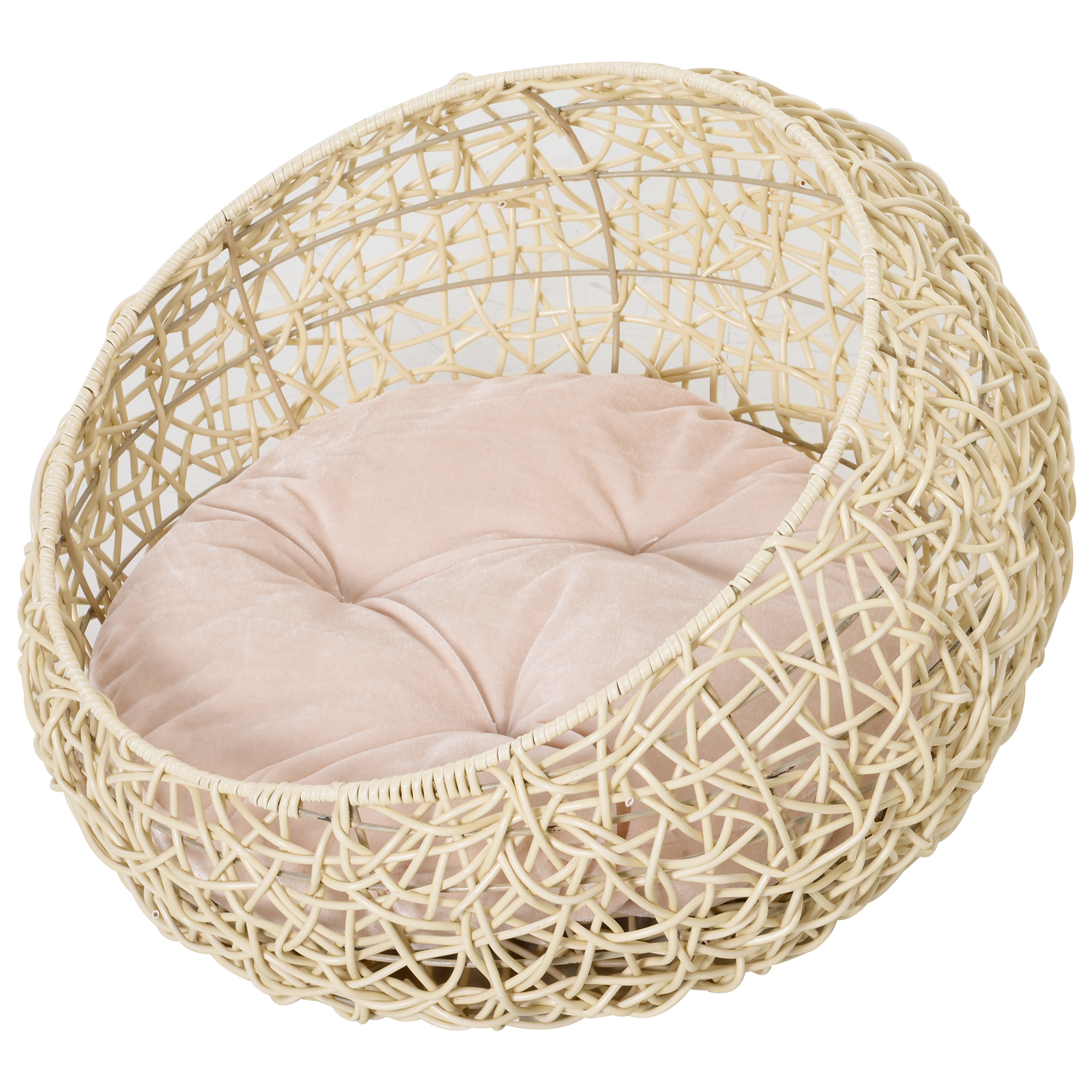 PawHut Rattan Katzenhöhle Katzenbett Katzenhaus mit Kissen Katzenzelt Haustierhaus für Katzen Hunde Beige Ø56 x 35 cm