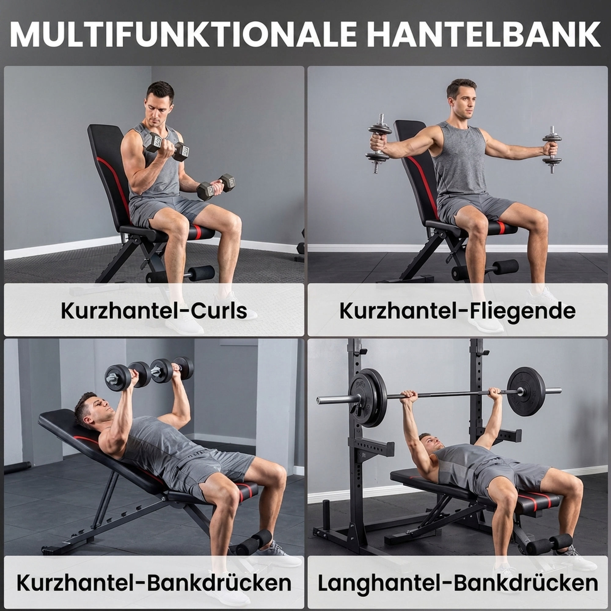 Kokkupandav treeningpink, 6-positsiooniline seljatugi, 4-positsiooniline iste, metall, polsterdatud, must