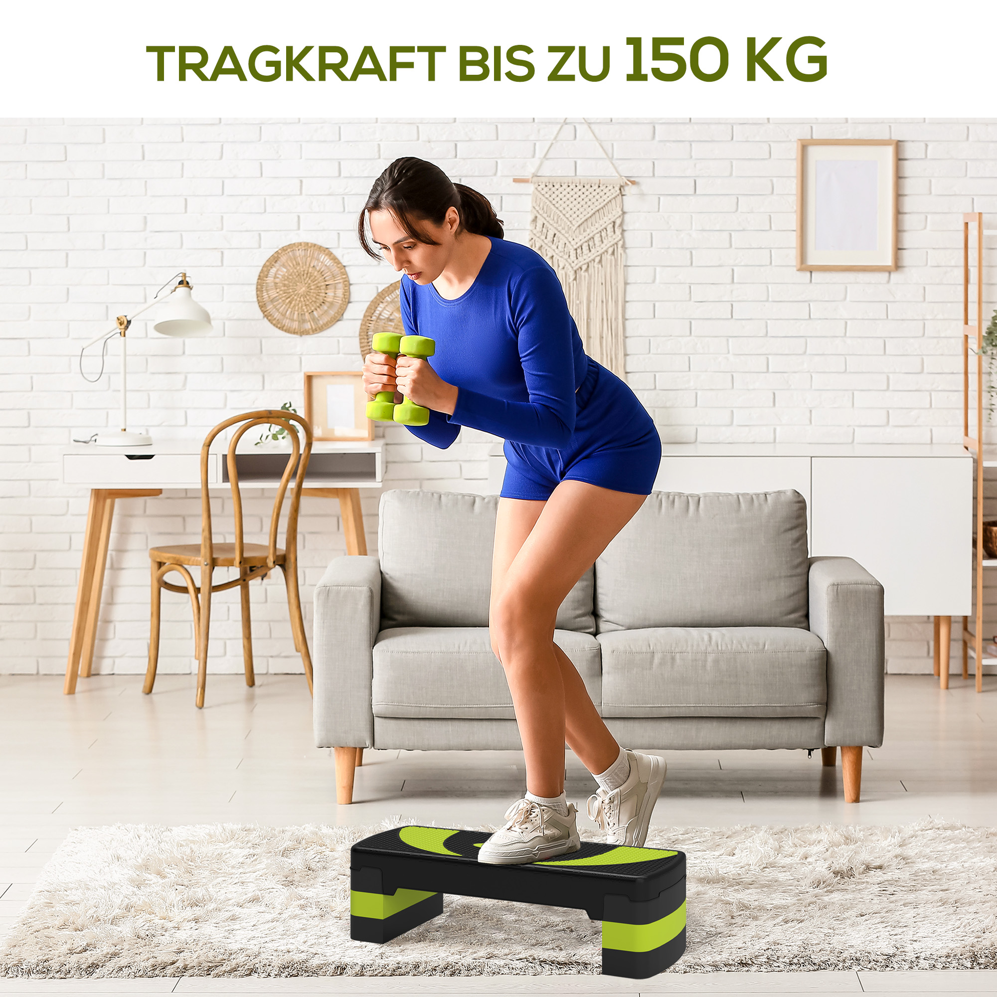 Aeroobne astmelaud, reguleeritava kõrgusega, sise- ja välistingimustes kasutamiseks, kandevõime kuni 150 kg, 80 x 31 x 10-20 cm, roheline