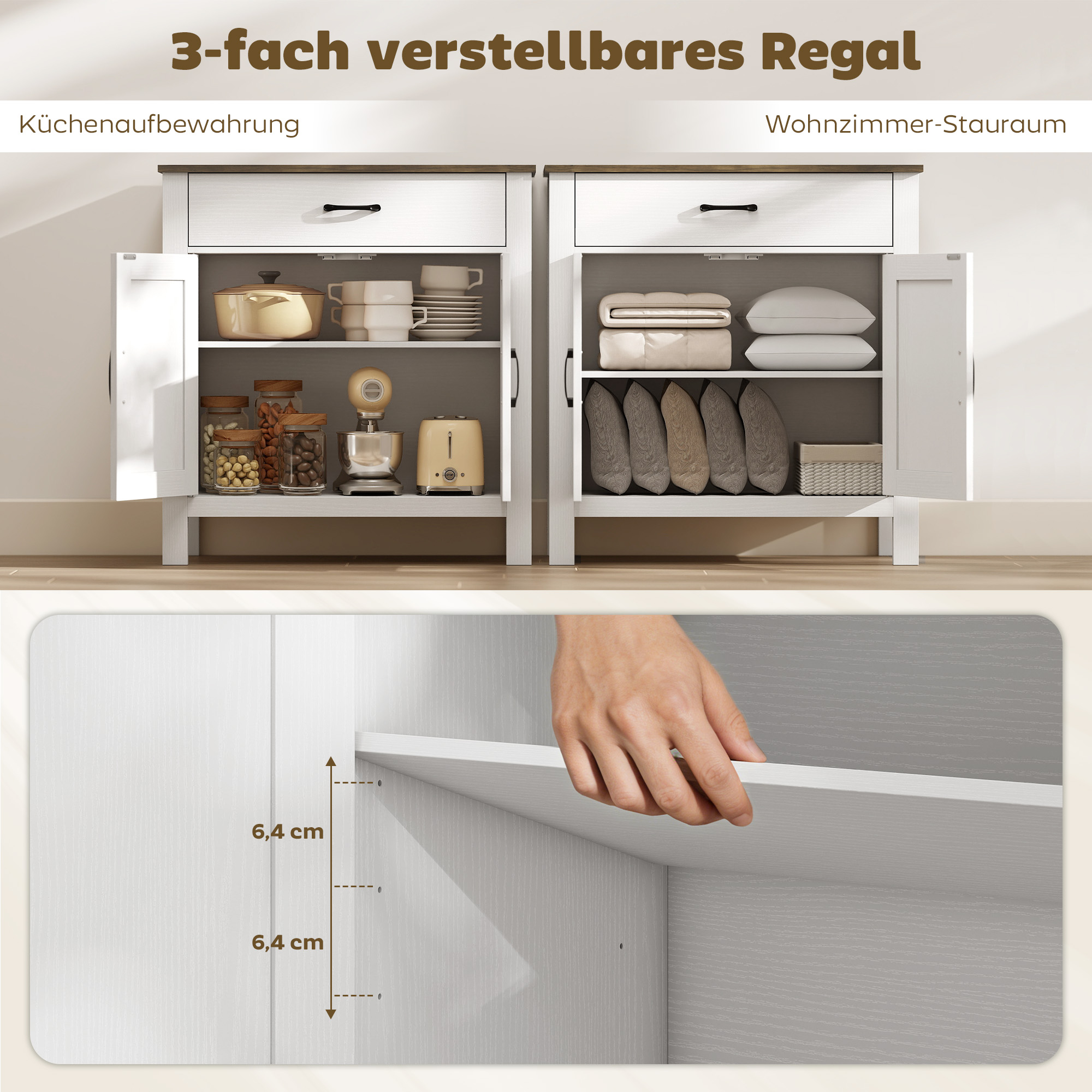 Kummut buffet-kapp, taluköögi kummut lükanduste ja reguleeritava riiuliga, valge
