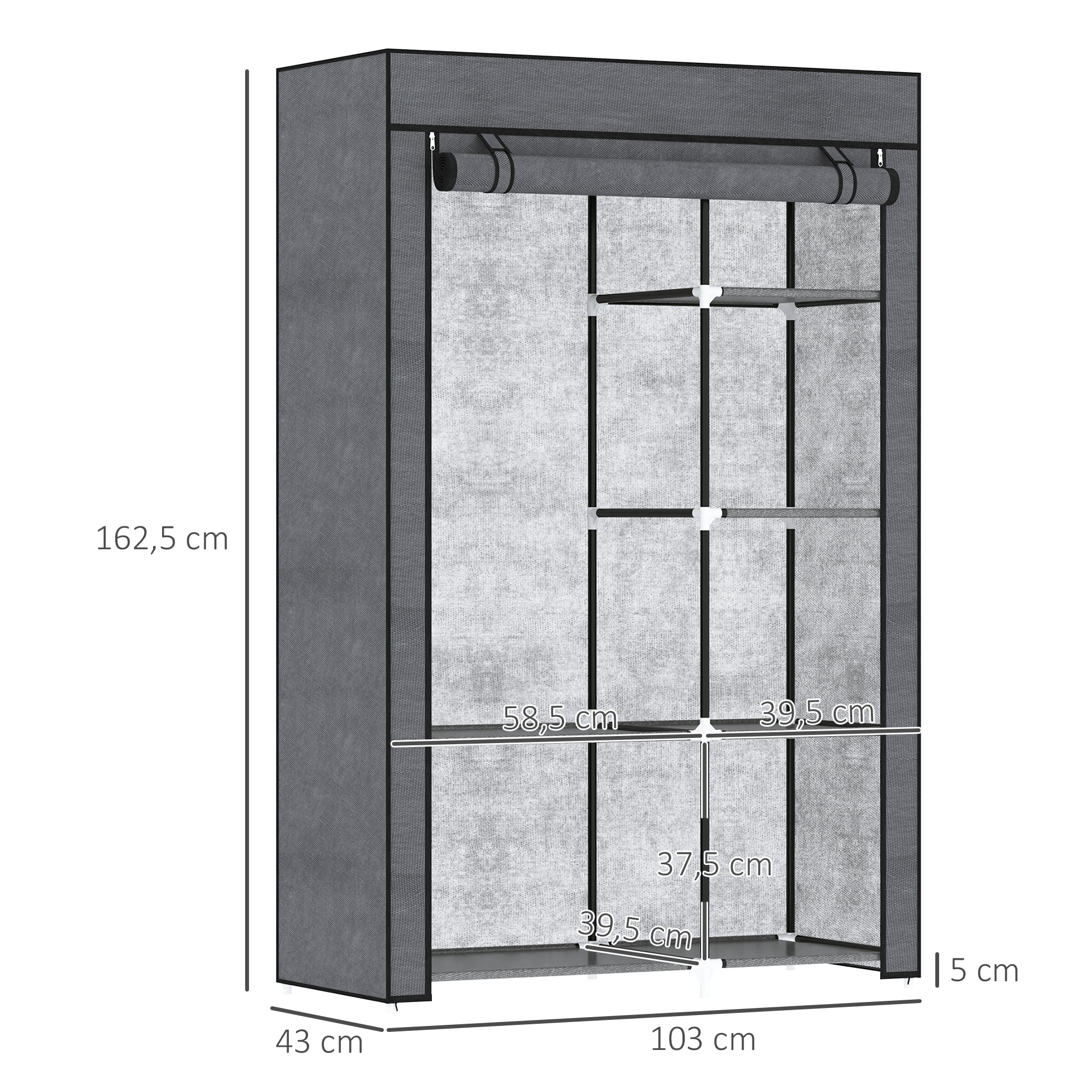 Riidest riidekapp, hoiulahendus, 6 riiulit, 1 riidepuutoru, tumehall