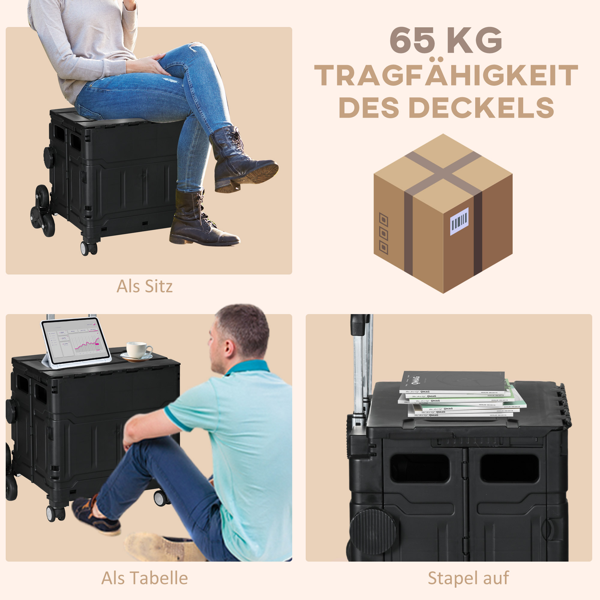 Ostukäru, trepironija, kokkupandav, teleskoopkäepide, kandevõime kuni 65 kg, must