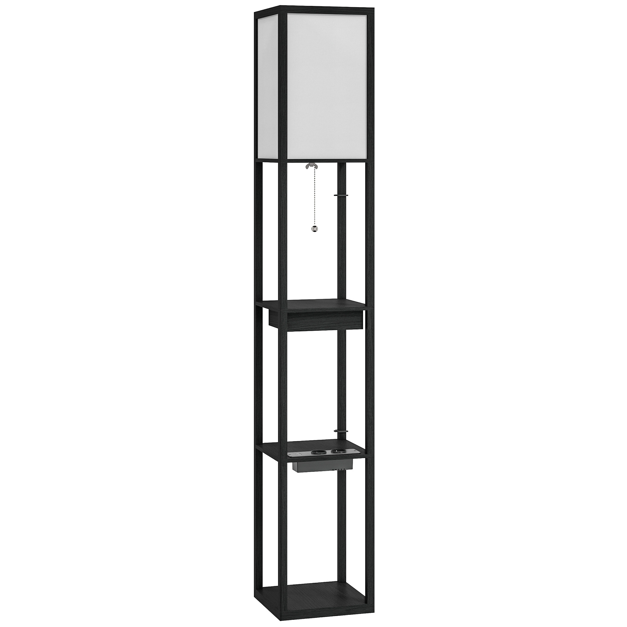 HOMCOM Stehlampe, Stehleuchte mit 3 Fächern, E27 Sockel, Standlampe mit Stoff-Lampenschirm, USB-A, USB-C Anschlüssen für Wohnzimmer, Weiß+Schwarz, exkl. Glühbirne Aosom
