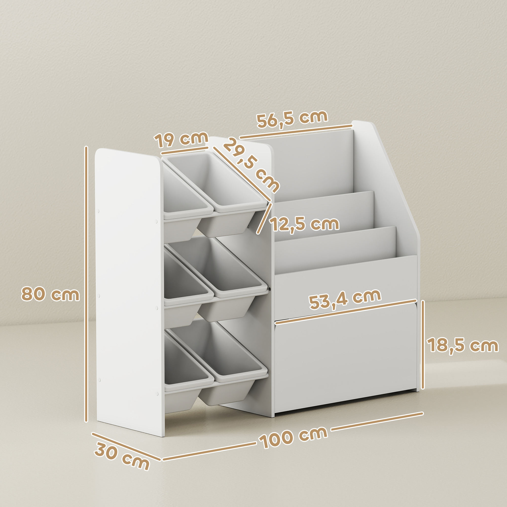 Mänguasjariiul, lastetoa riiul 6 konteineriga, raamaturiiul, ratastel kast, 100 x 30 x 80 cm, MDF, teras, valge
