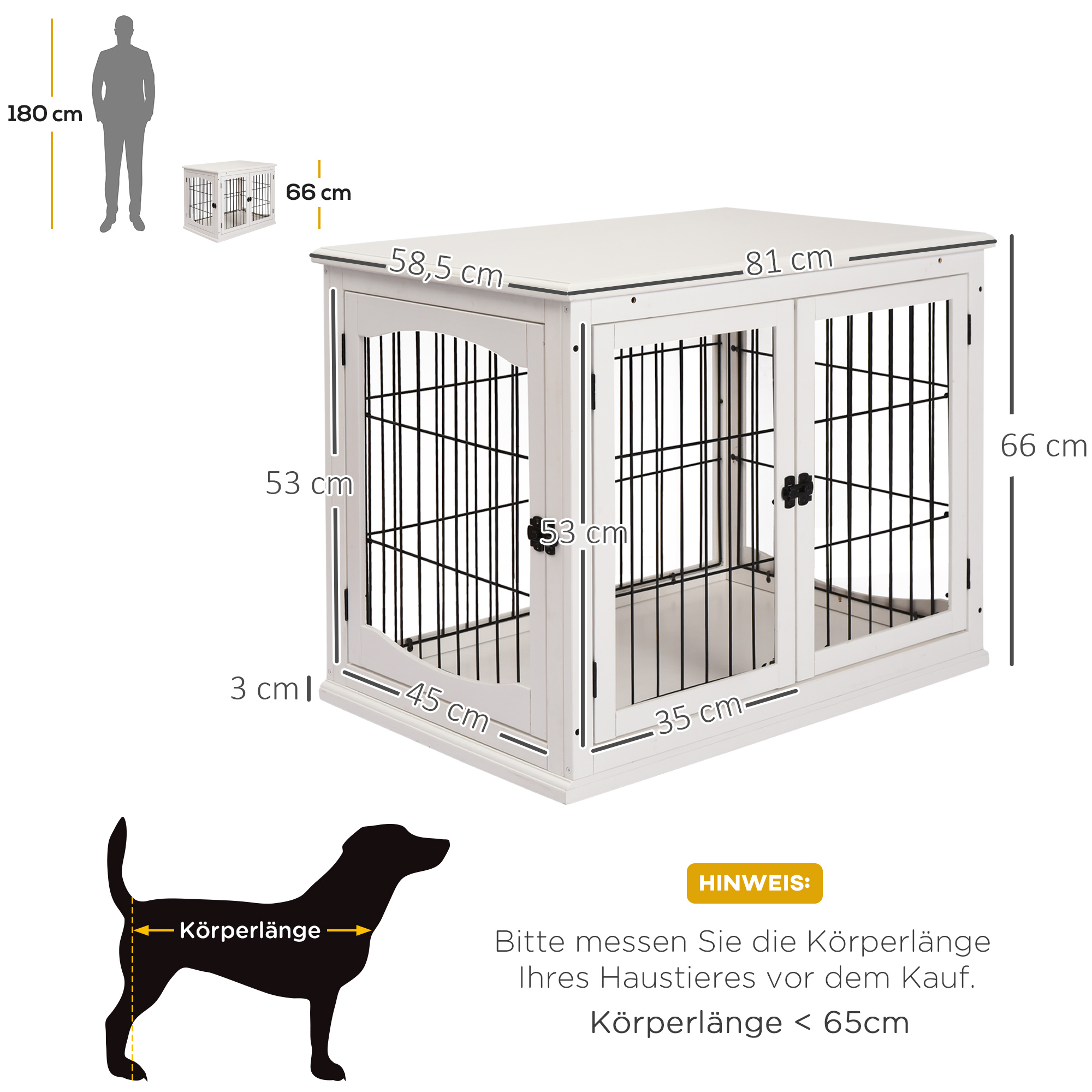 Koera transpordikast 58,5 cm x 81 cm x 66 cm, uksed, MDF-puit, raud, 58,5 cm x 81 cm x 66 cm, valge