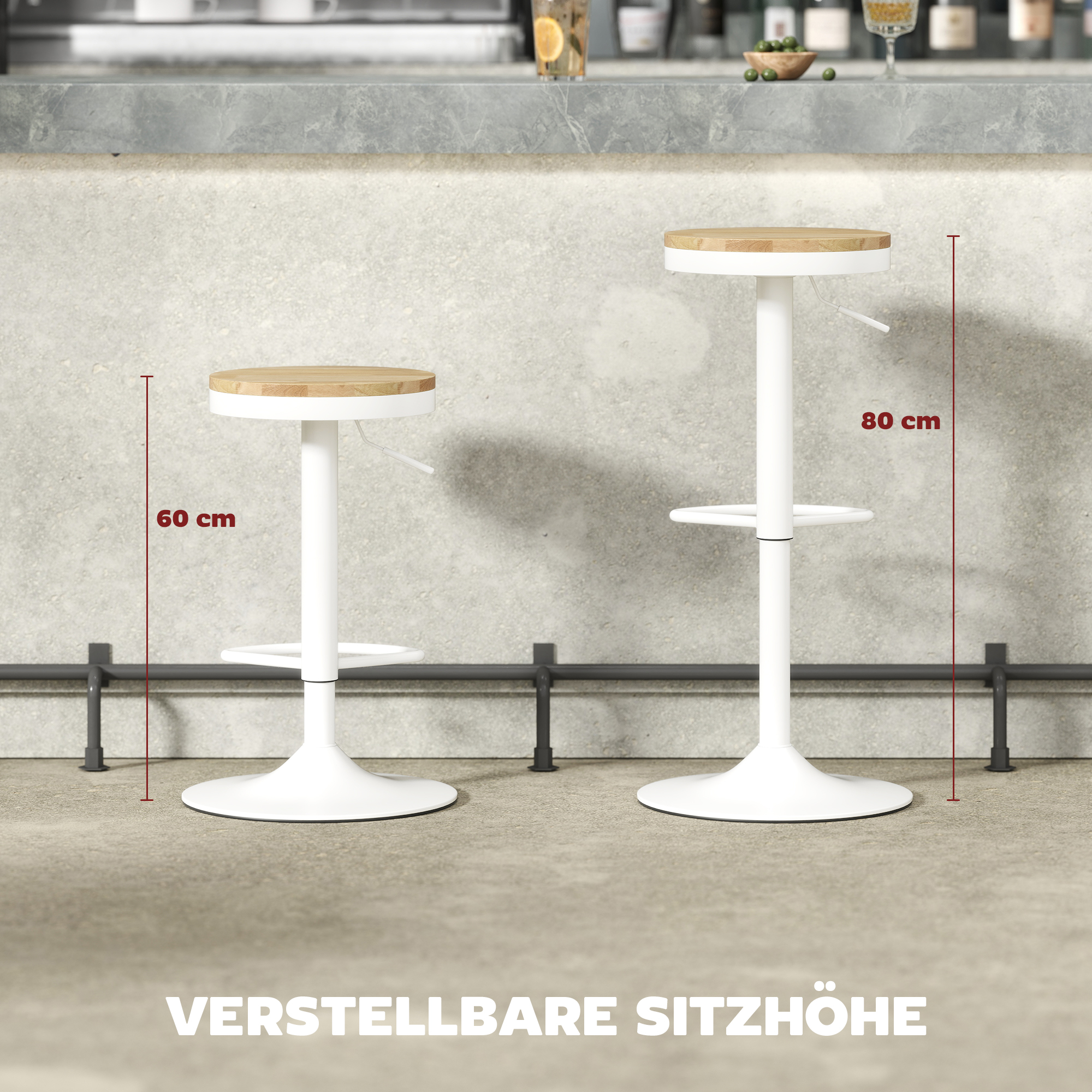 Baaritoolide komplekt, 2 tk, kõrguse reguleerimise võimalus, 360° pöörlev, terasraami ja jalatoega, 38,5x38,5x60-80 cm, naturaalne puit + valge
