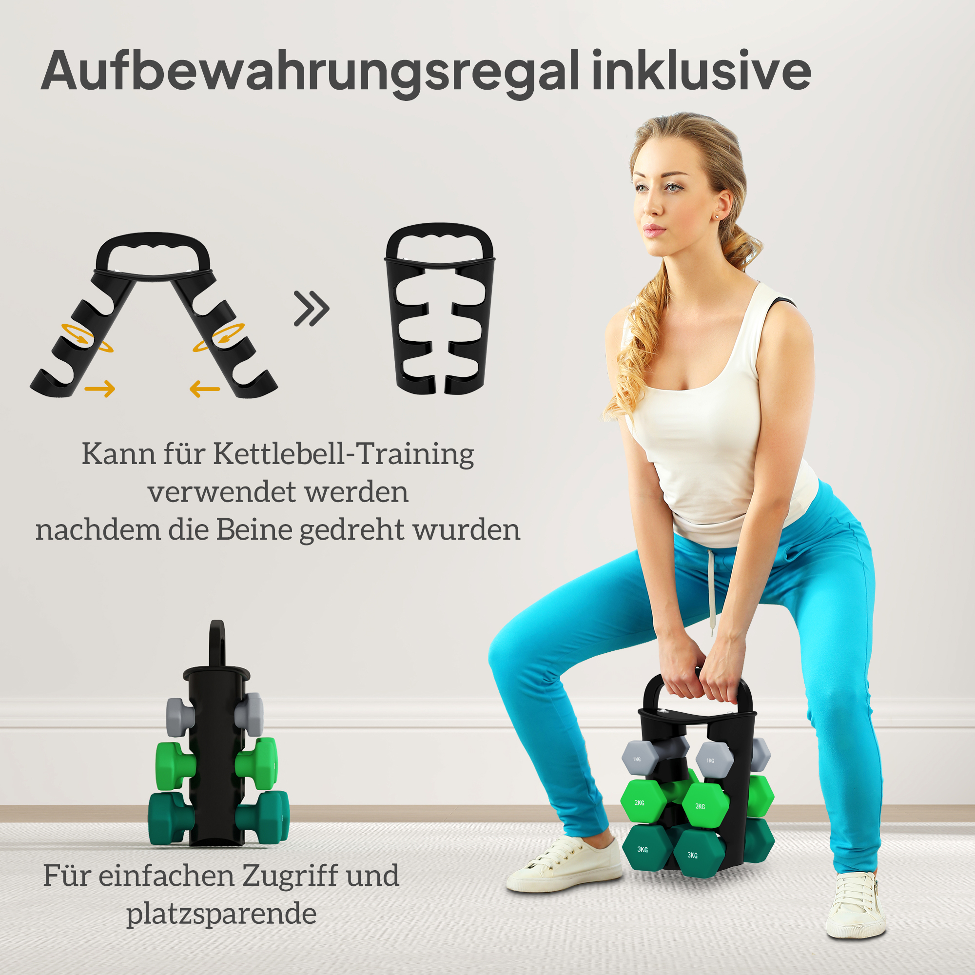 Hantlite komplekt hoiurestiga, 6 hantli komplekt treeninguks, 2 x 1kg, 2 x 2kg, 2 x 3kg
