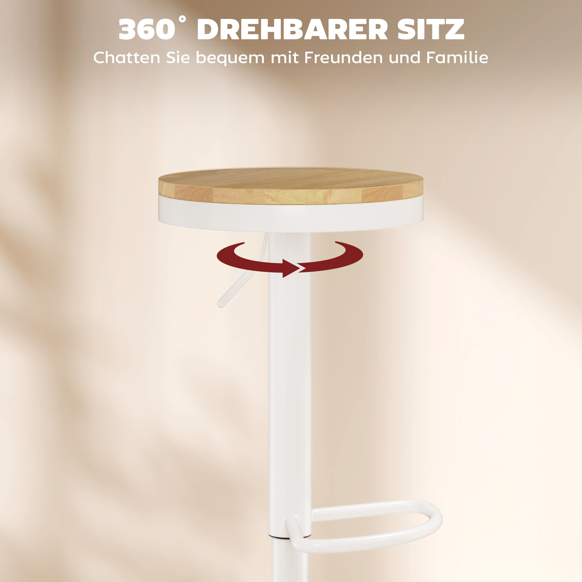 Baaritoolide komplekt, 2 tk, kõrguse reguleerimise võimalus, 360° pöörlev, terasraami ja jalatoega, 38,5x38,5x60-80 cm, naturaalne puit + valge