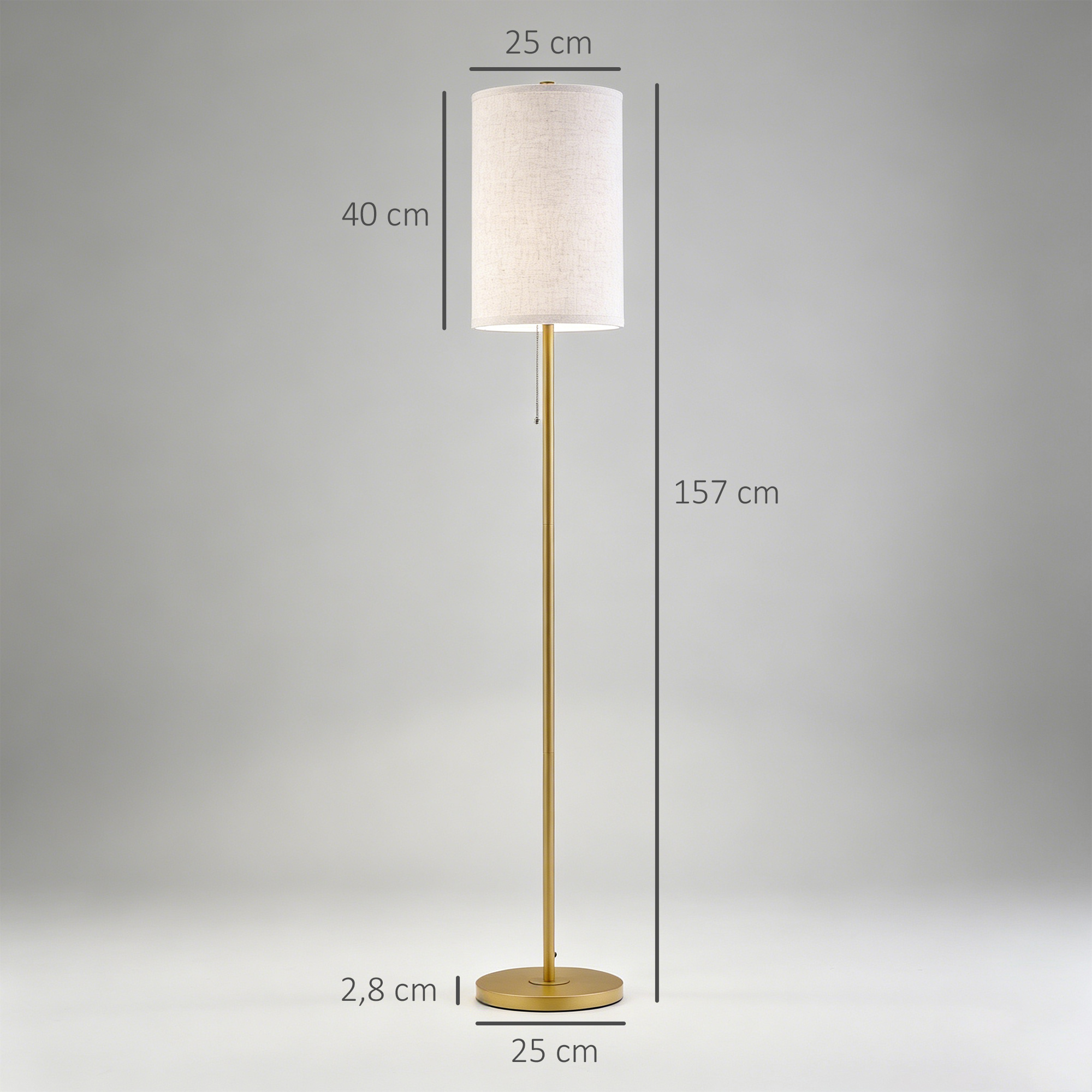 Põrandalamp, elegantne terasest põrandalamp kangast varjuga, elutoa lamp, ketiga lüliti, kuldne+valge
