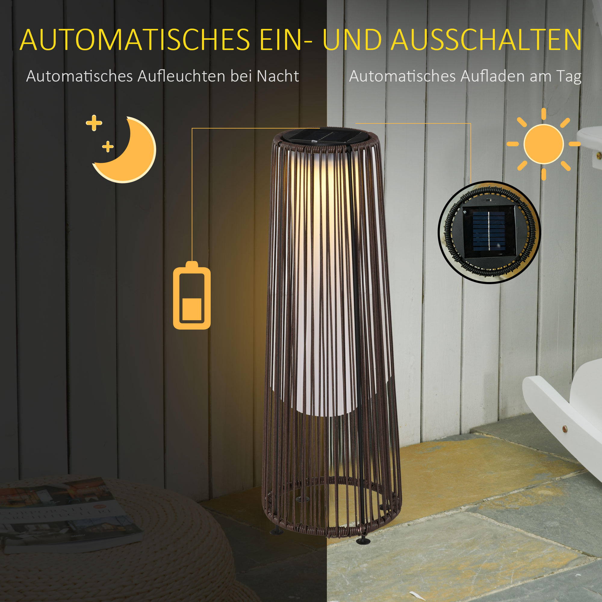 Aiavalgusti, õuelamp, päikeseenergial töötav, 8 tundi töötamist, automaatrežiim, rotangi imitatsioon, 21,5 x 21,5 x 61 cm