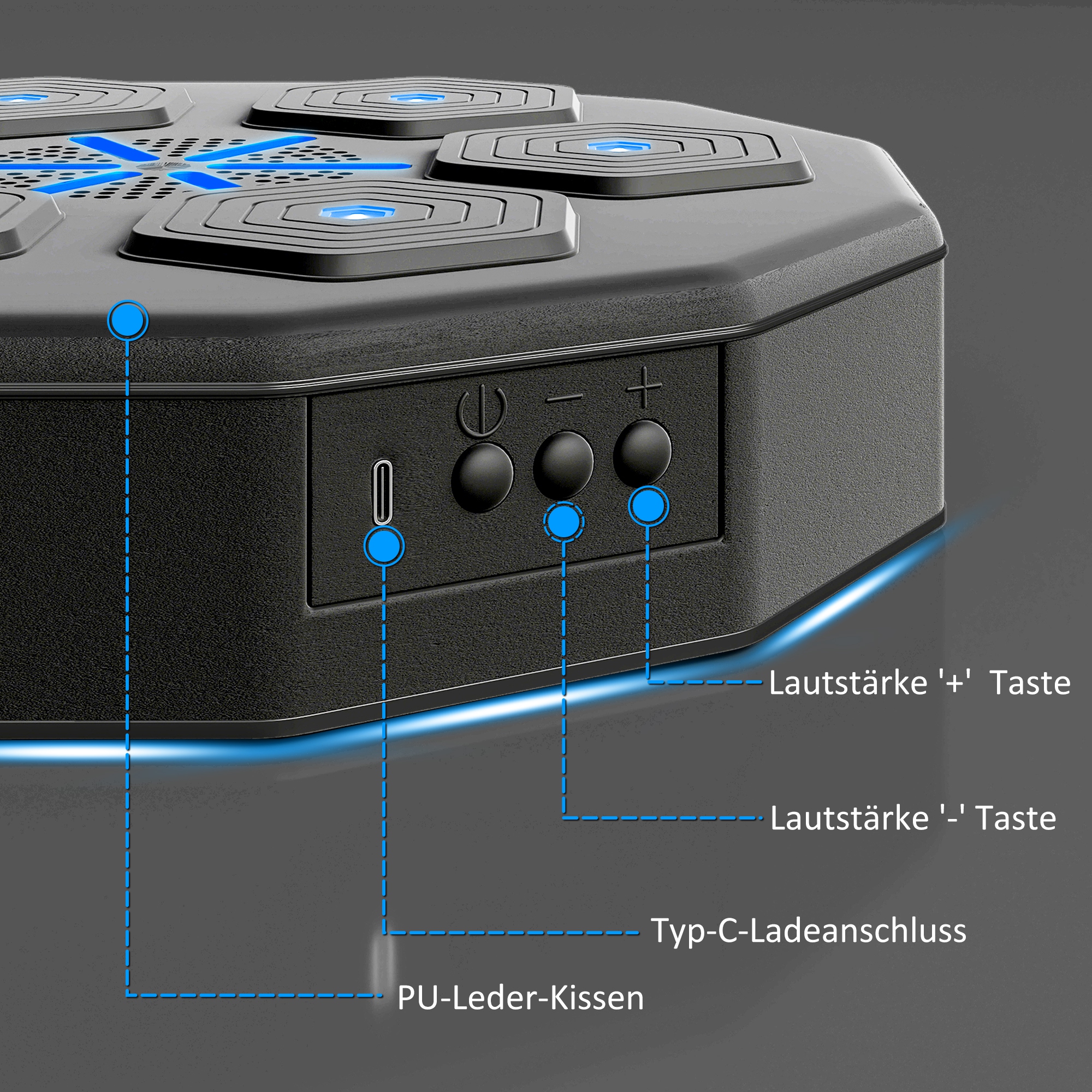 Poksitreener muusikafunktsiooniga, Bluetooth, helendavad täpid, seinale kinnitatav, kunstnahk, must