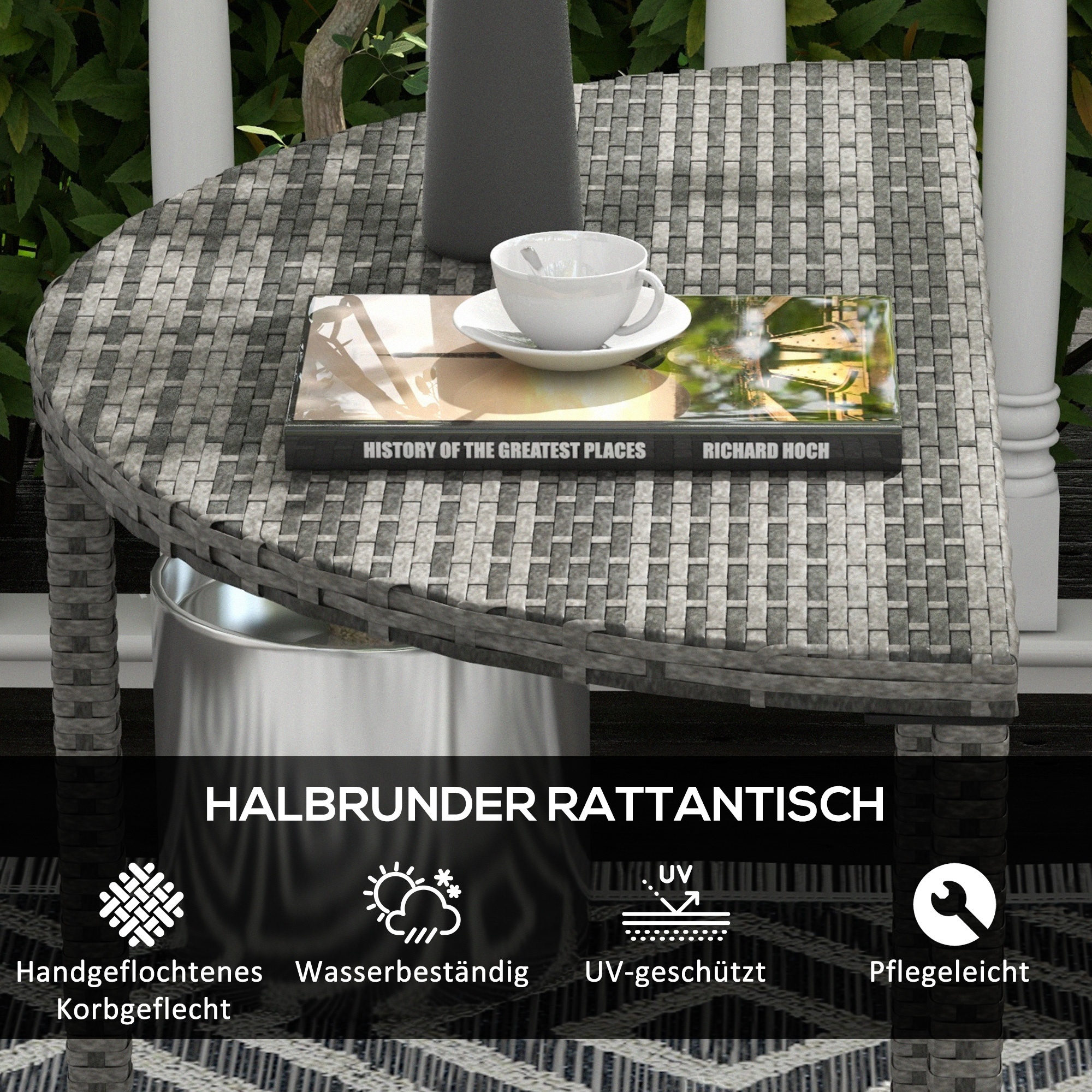 Rõdulaud, poolringikujuline, polürotangist ja metallist, 100x50x74 cm, hall