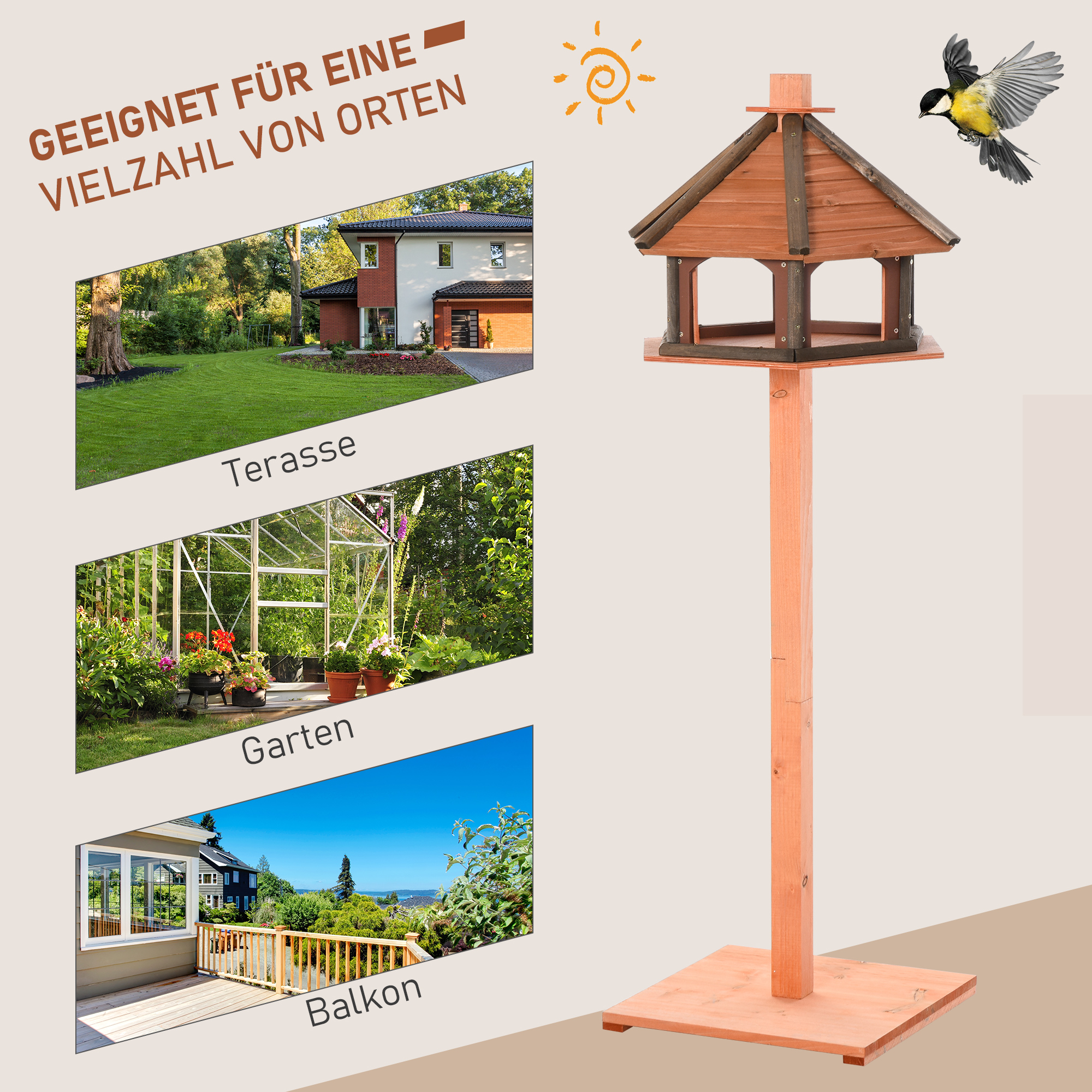Linnumaja alusega, ilmastikukindel lindude söögimaja ilmastikukindla katusega, puidust söögimaja metslindudele, Ø52 x 130K cm, naturaalne