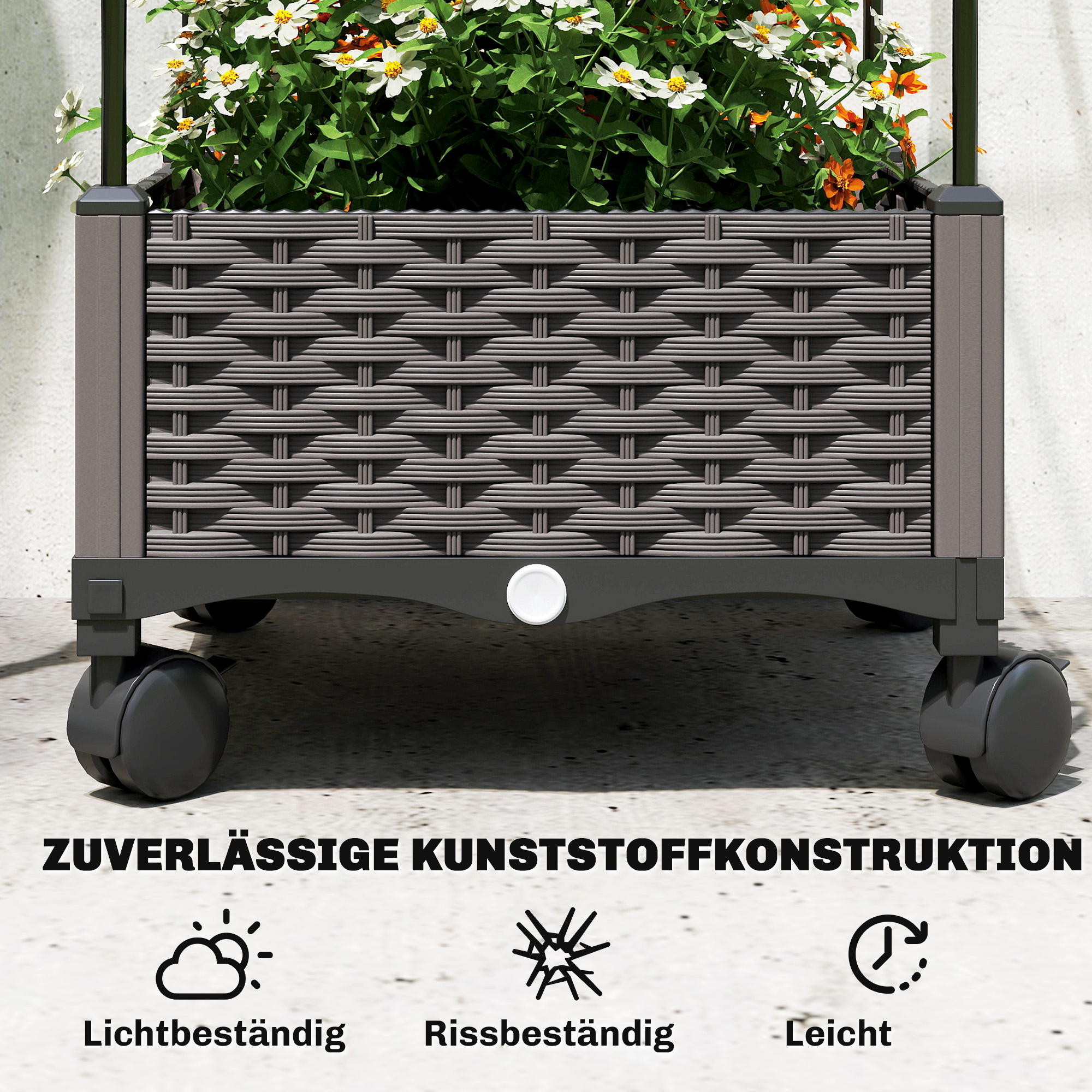 Kõrgpeenar võrega, mobiilne lillekast ratastega, drenaažiavaga, istutuskast 40 x 40 x 185 cm