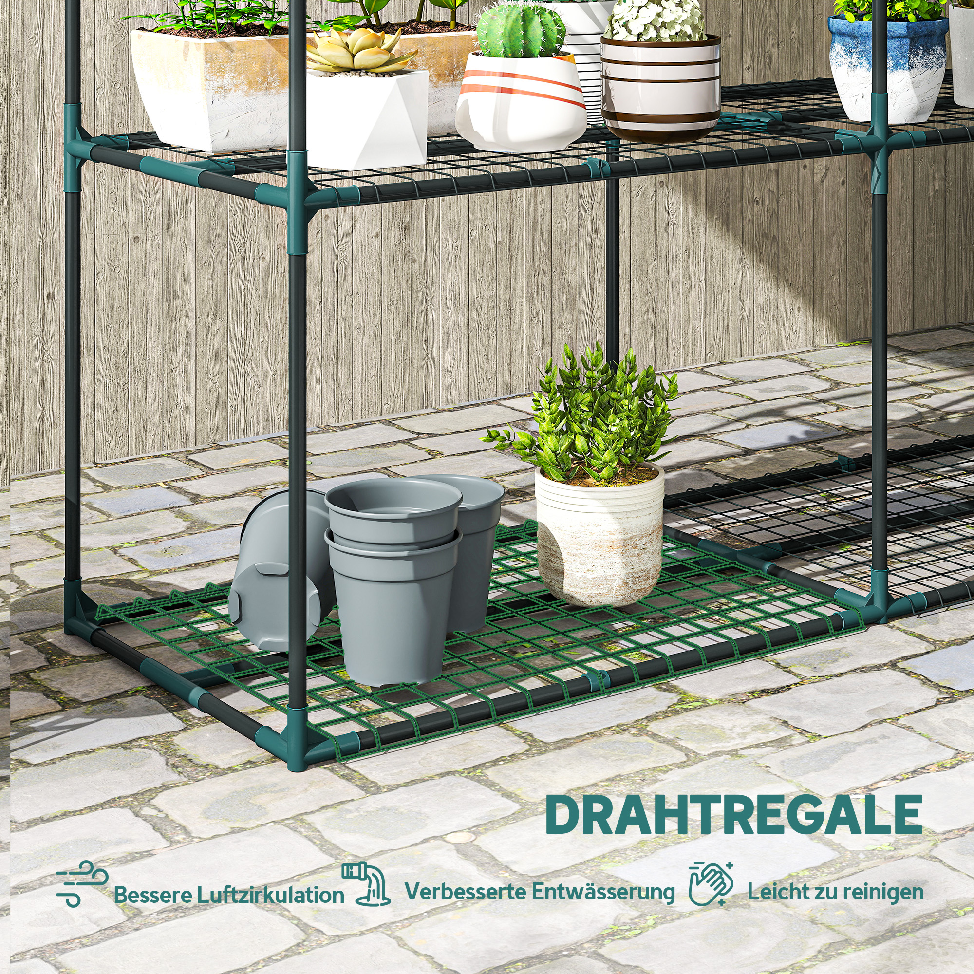 3-astmeline lillealus, 100 cm kõrge, lillealus riiulitega, mitmeastmeline terasest, tumeroheline