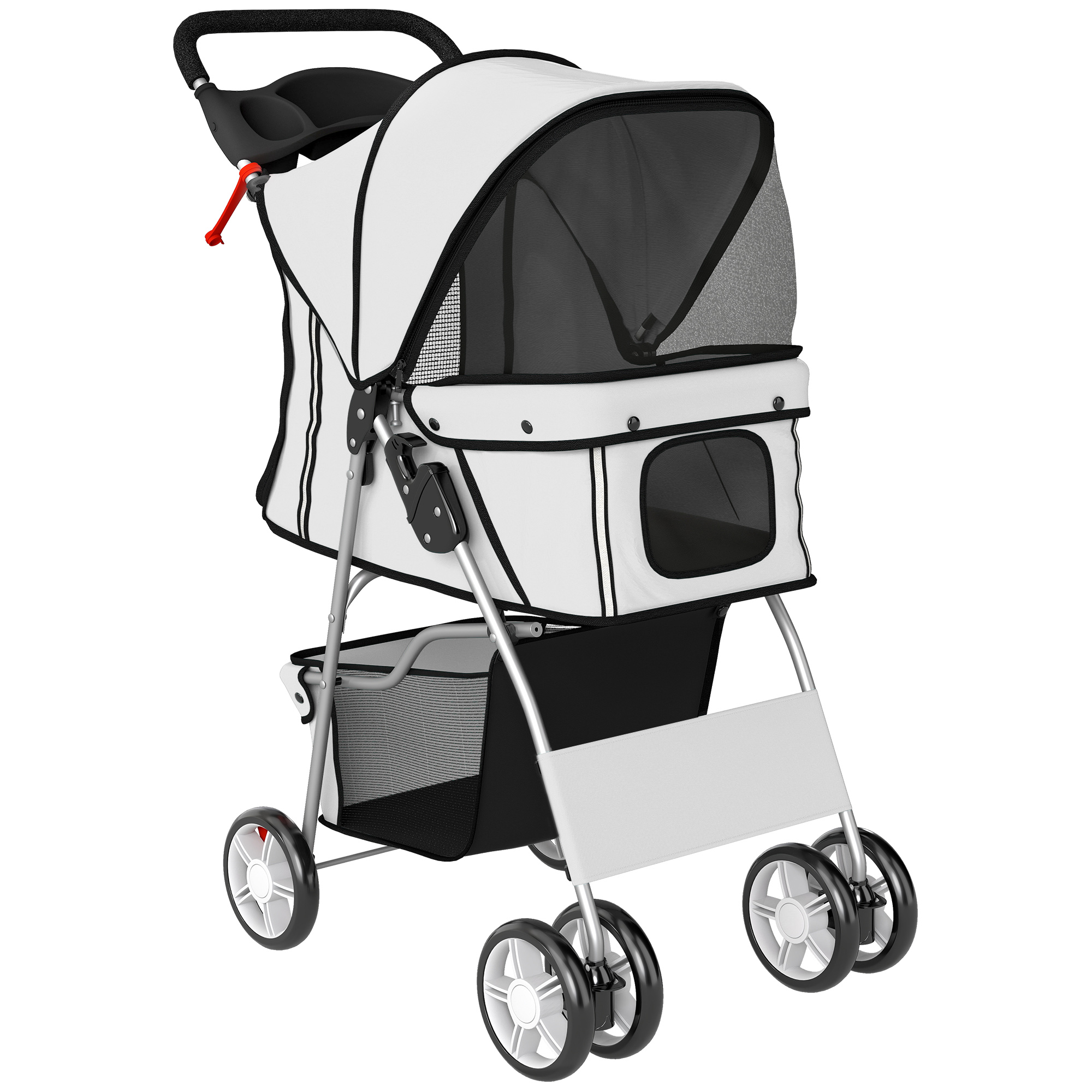 PawHut Hundewagen Hundebuggy Faltbar Katzenwagen bis 10kg mit Reflektorstreifen Aufbewahrungskorb waschbar Kissen Netzfenstern Getränkehaltern 360° drehbare Räder mit Bremse für kleine Hunde Grau Aosom