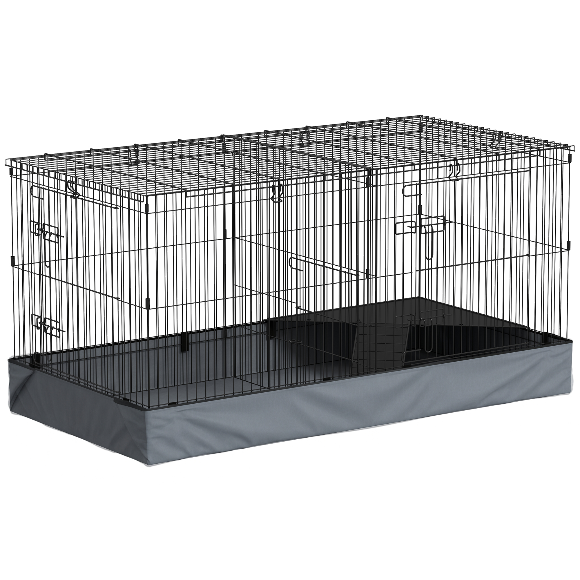 PawHut Kleintierkäfig, Kleintierstall mit Rampe, Trennwand, Nagerkäfig mit abnehmbarem Verdeck, Stoffboden, Kaninchenkäfig für Kleintiere Stahl Schwarz Aosom