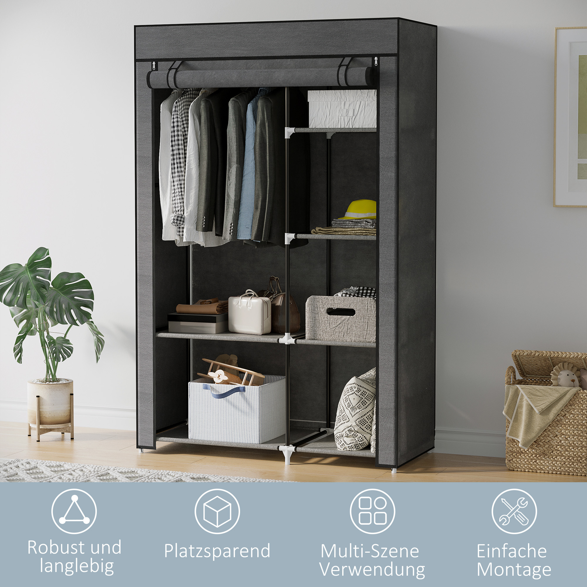 Riidest riidekapp, hoiulahendus, 6 riiulit, 1 riidepuutoru, tumehall
