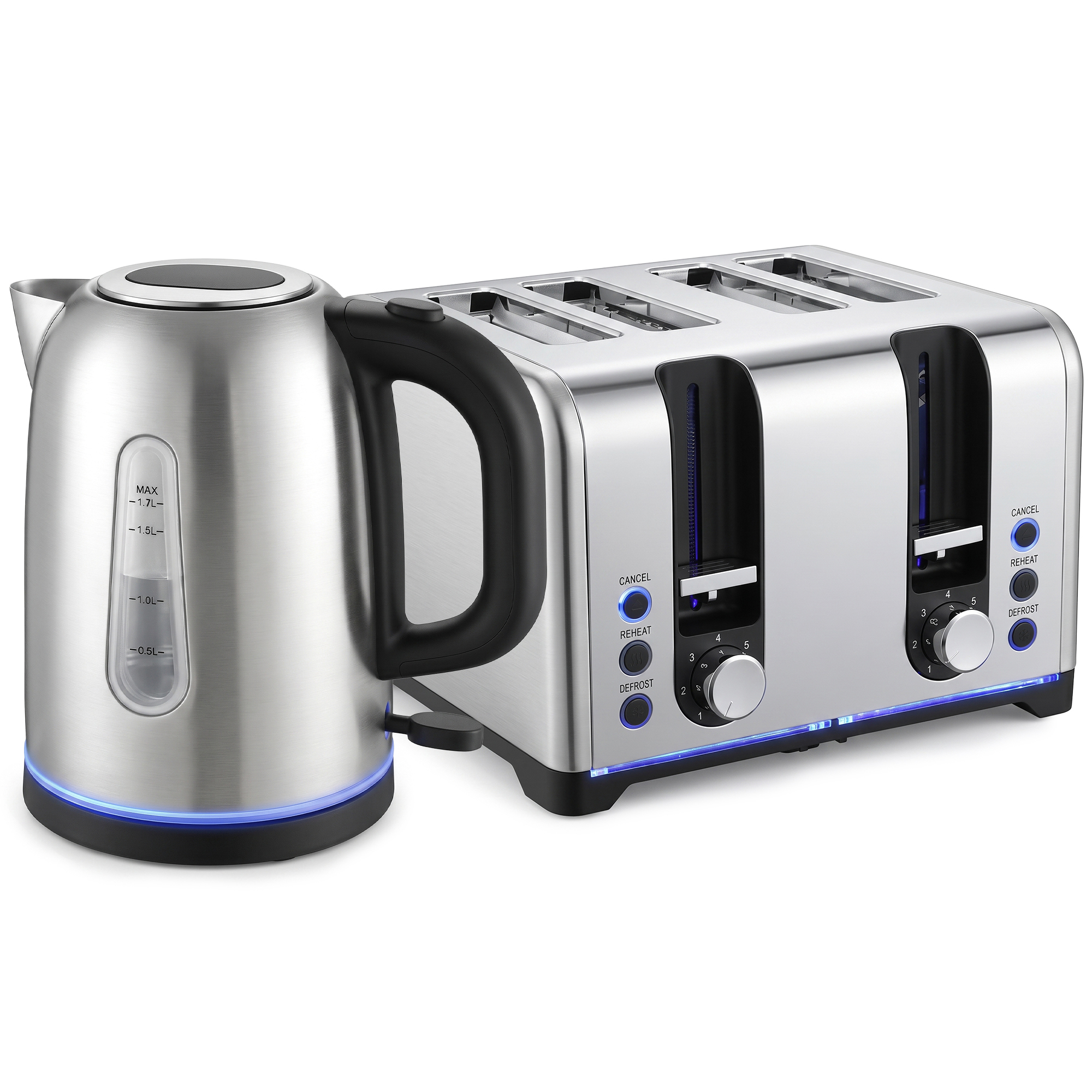 HOMCOM Wasserkocher und Toaster Set 1,7L 2200W Beleuchteter Schnellkoch-Wasserkocher Edelstahl mit Automatische Abschaltung Kalkfilter, 4-Scheiben Toaster mit 7 Bräunungsstufen & Brotheber, Silber Aosom