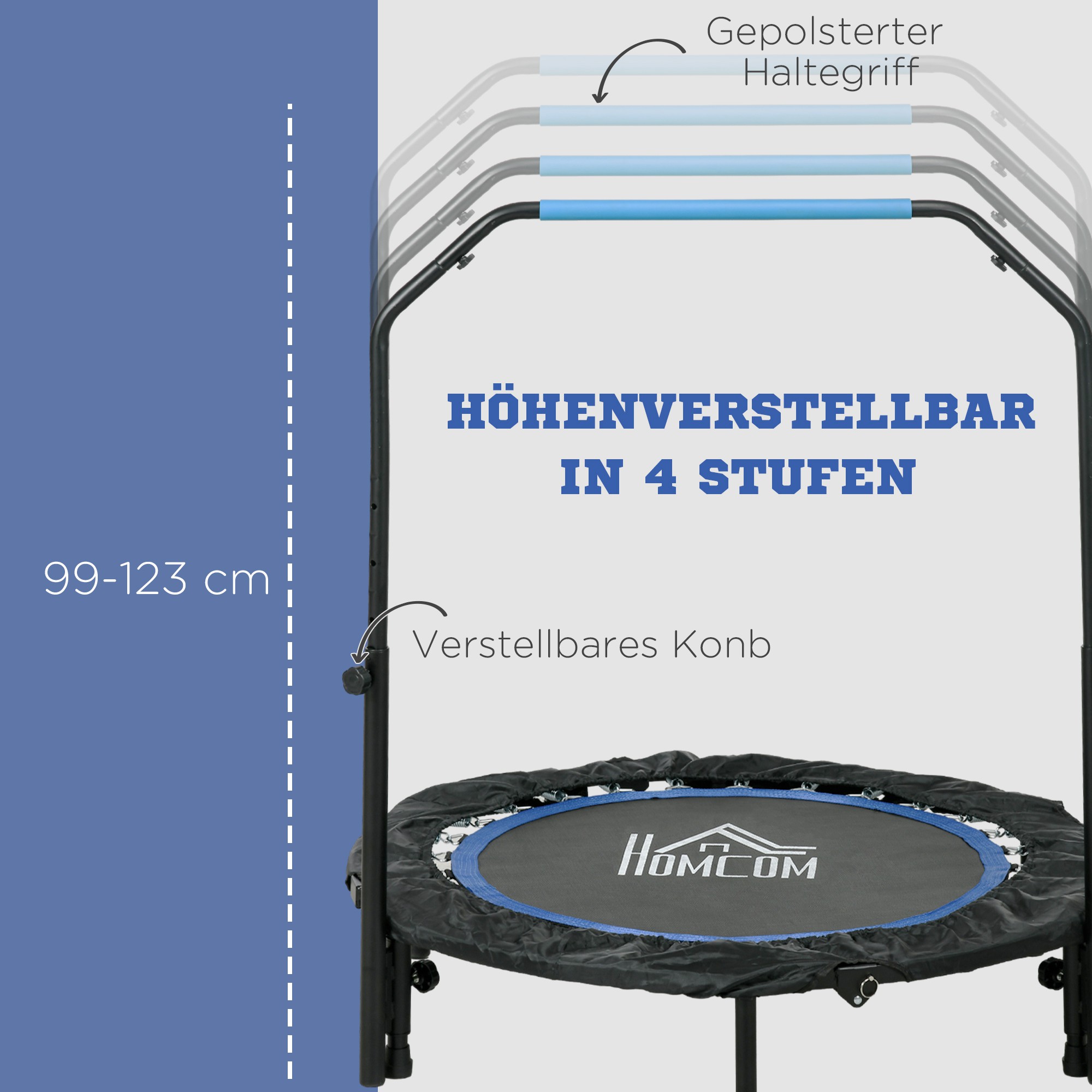 Fitness-batuut, kokkupandav, reguleeritava käepidemega, Ø102x123K cm, kuni 150 kg, must/sinine