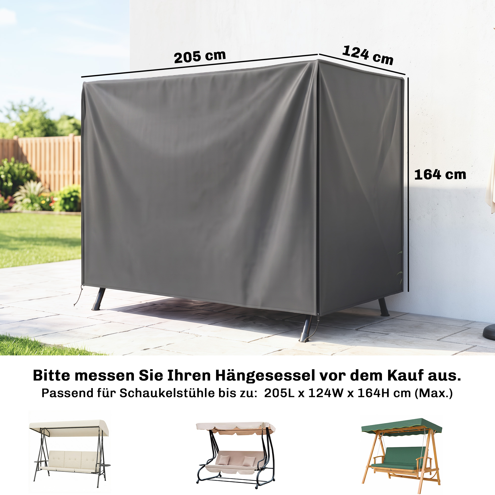 Aiakiige kate, Hollywoodi kiige kaitsekate, veekindel kate, 205 x 124 x 164 cm, tumehall