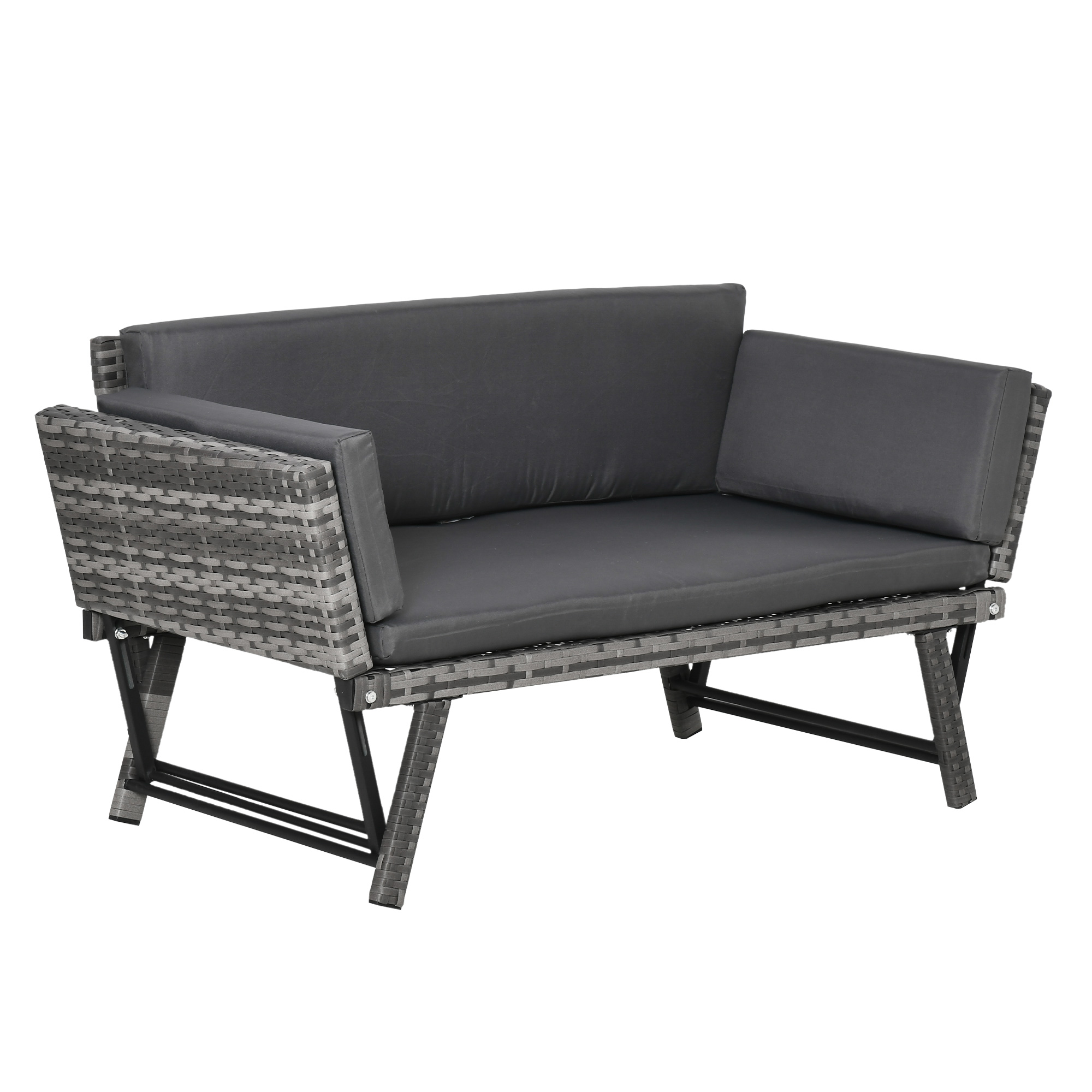 Outsunny Polyrattan Gartensofa 2-Sitzer Loungesofa Grau mit klappbaren Armlehnen Stahl 129x63x67cm für Garten Terrasse Aosom.de