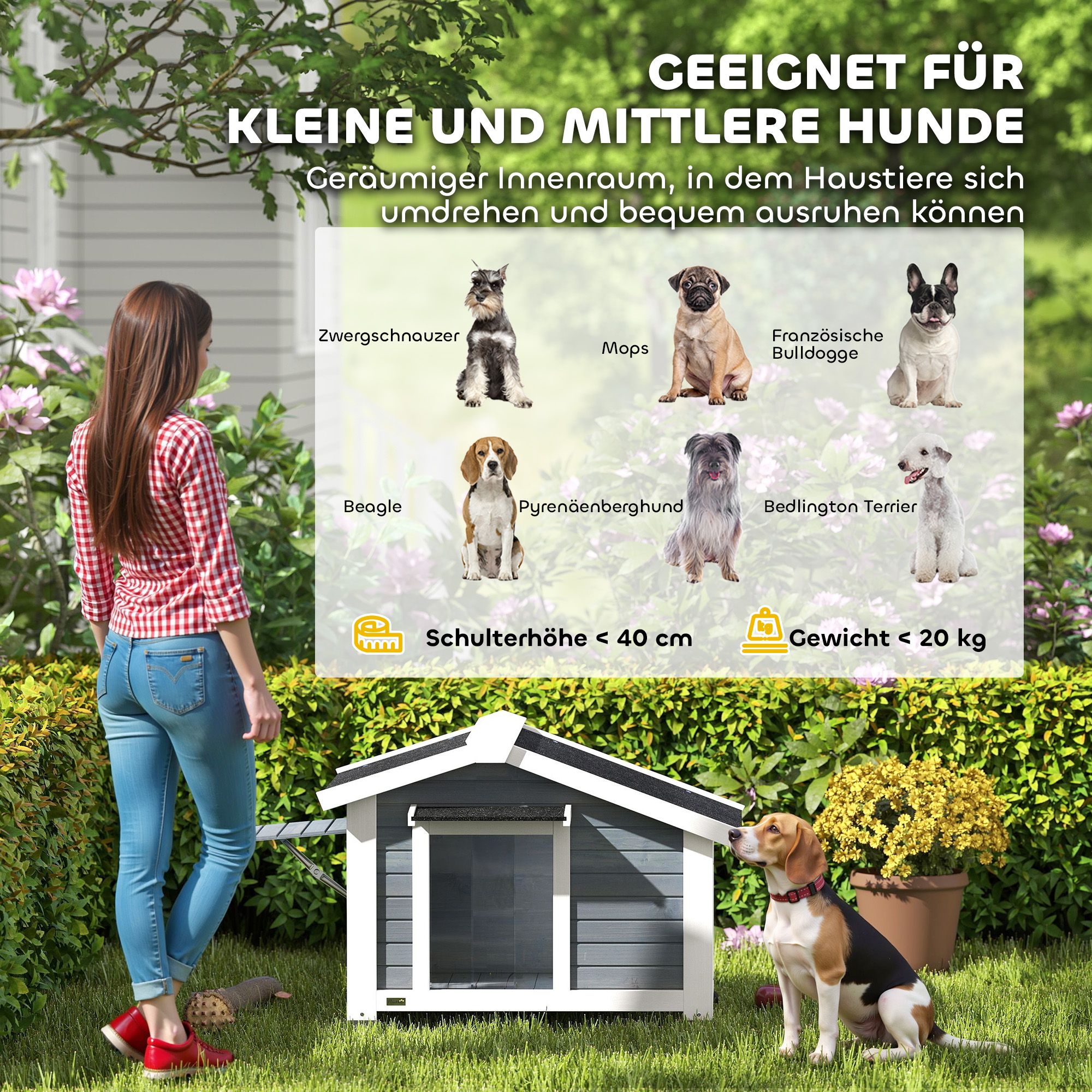 Ilmastikukindel puidust koerakuut eemaldatava põrandaga, asfaltkatus, avatav aken, 98x76x69,5 cm, hall