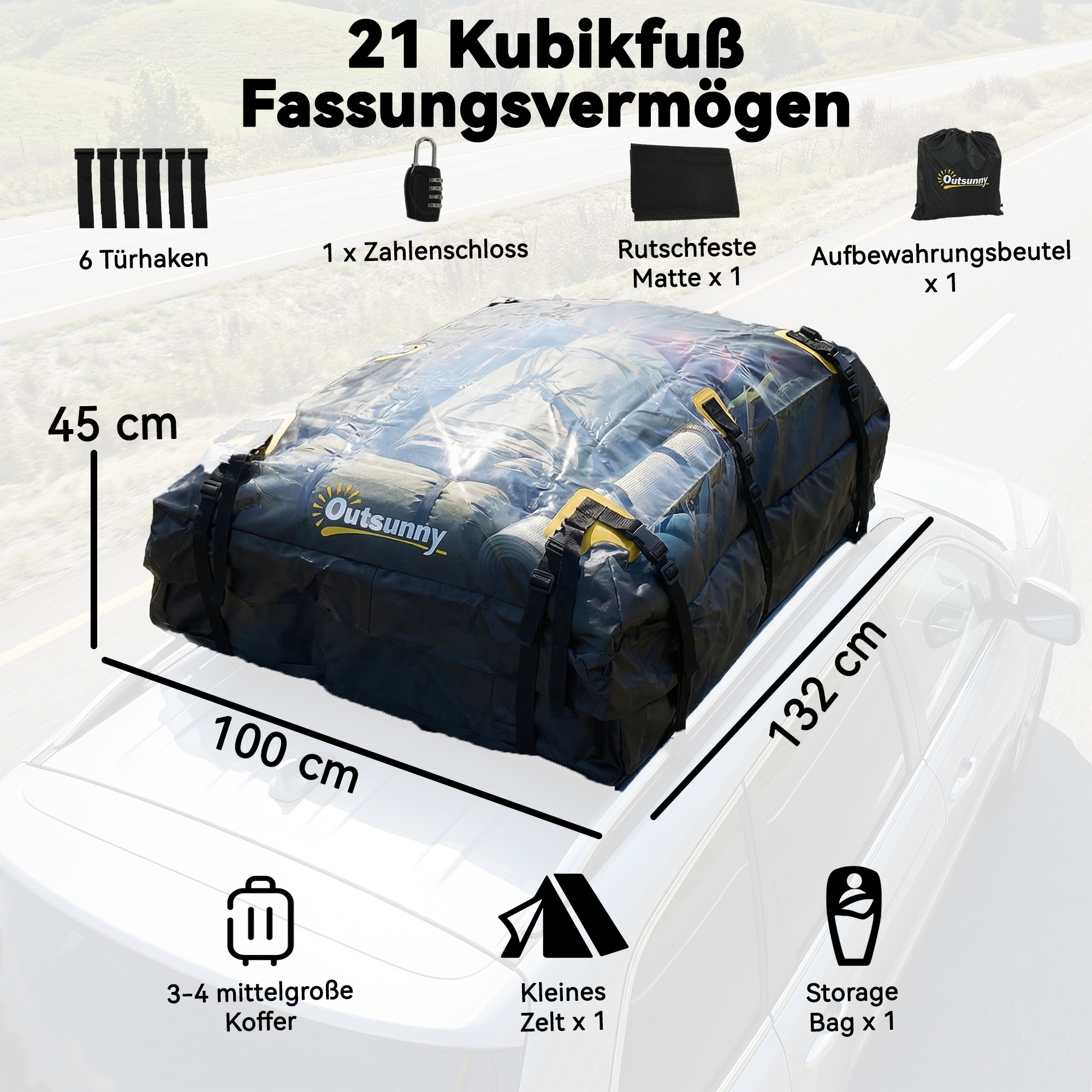 Auto katuseboks 21 kuupjalga kokkupandav veekindel katuseraam libisemisvastase matiga, 10 tugevat rihma, 6 uksekonksu